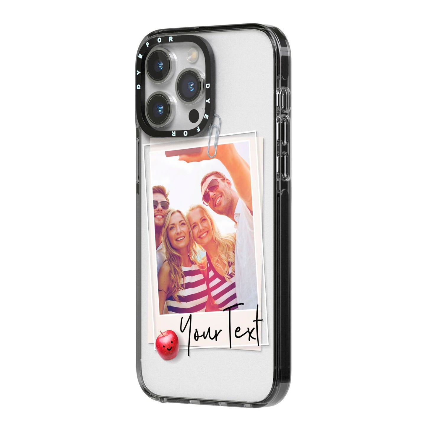 Photograph and Name iPhone 14 Pro Max Black Impact Case Side Angle on Silver phone