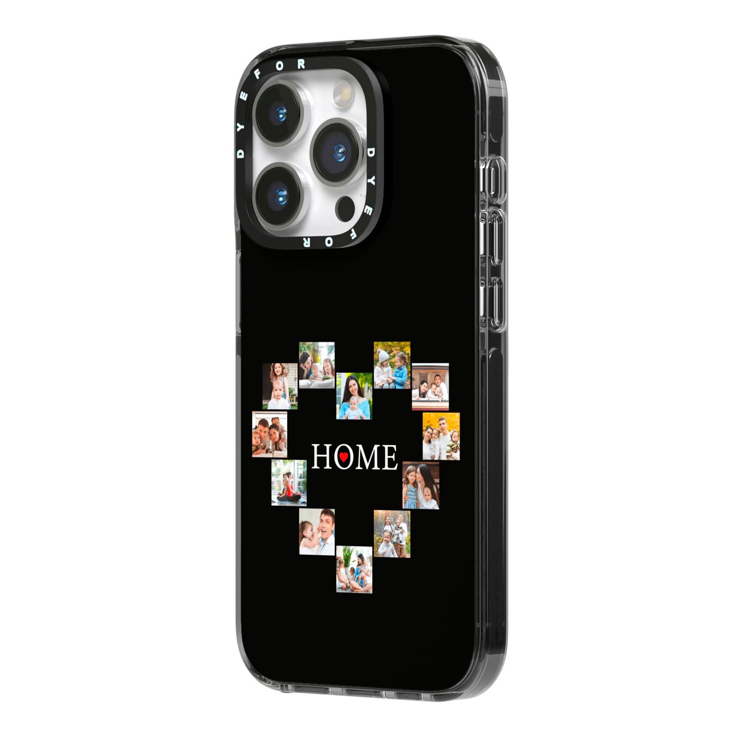 Photos of Home Personalised iPhone 14 Pro Black Impact Case Side Angle on Silver phone