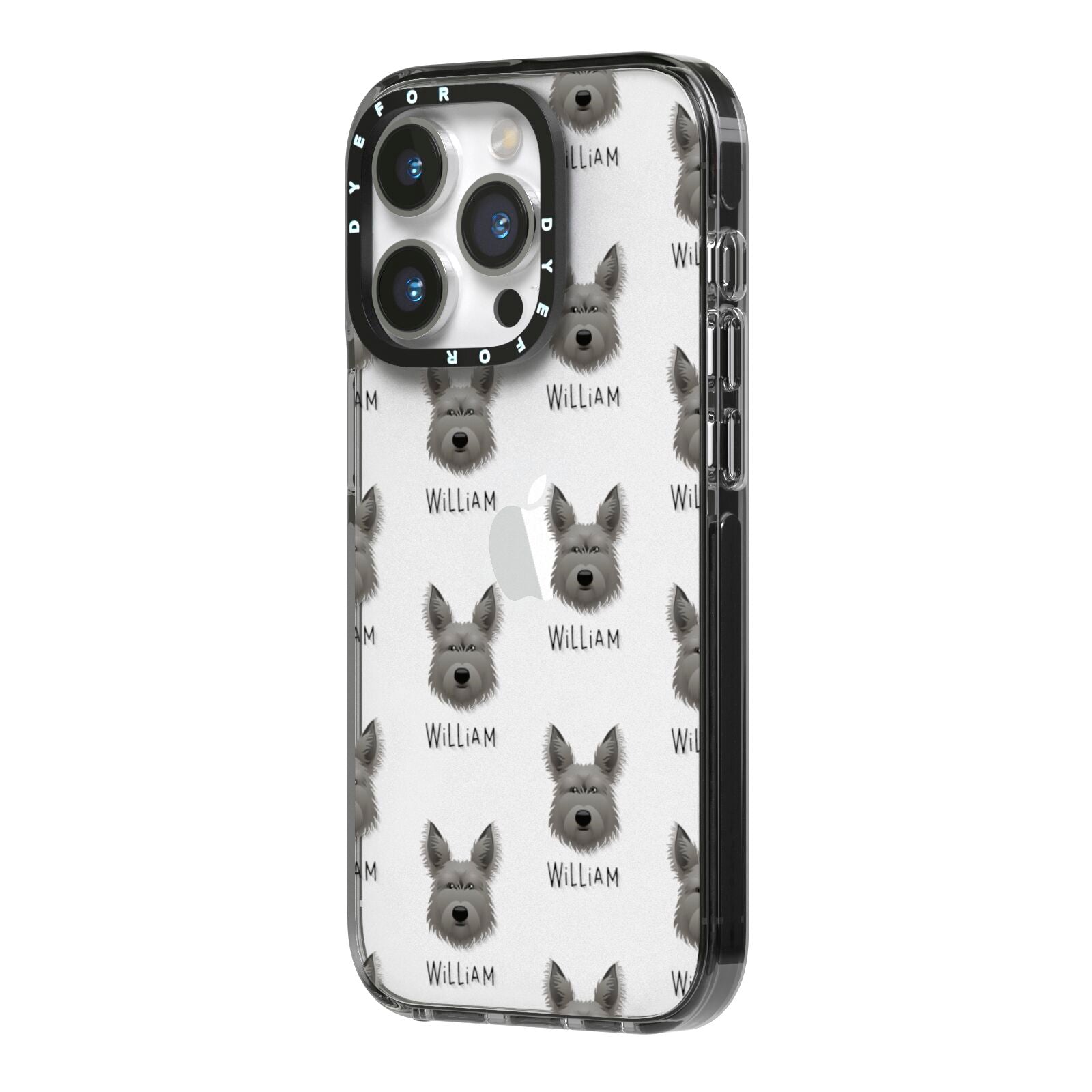 Picardy Sheepdog Icon with Name iPhone 14 Pro Black Impact Case Side Angle on Silver phone