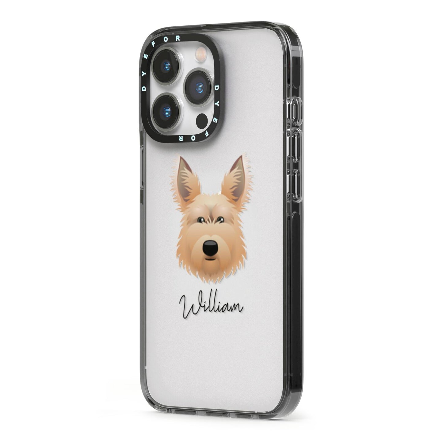 Picardy Sheepdog Personalised iPhone 13 Pro Black Impact Case Side Angle on Silver phone