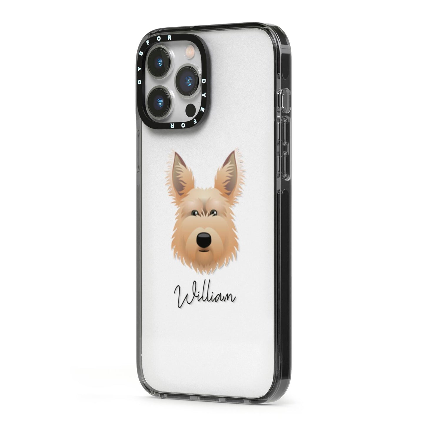 Picardy Sheepdog Personalised iPhone 13 Pro Max Black Impact Case Side Angle on Silver phone