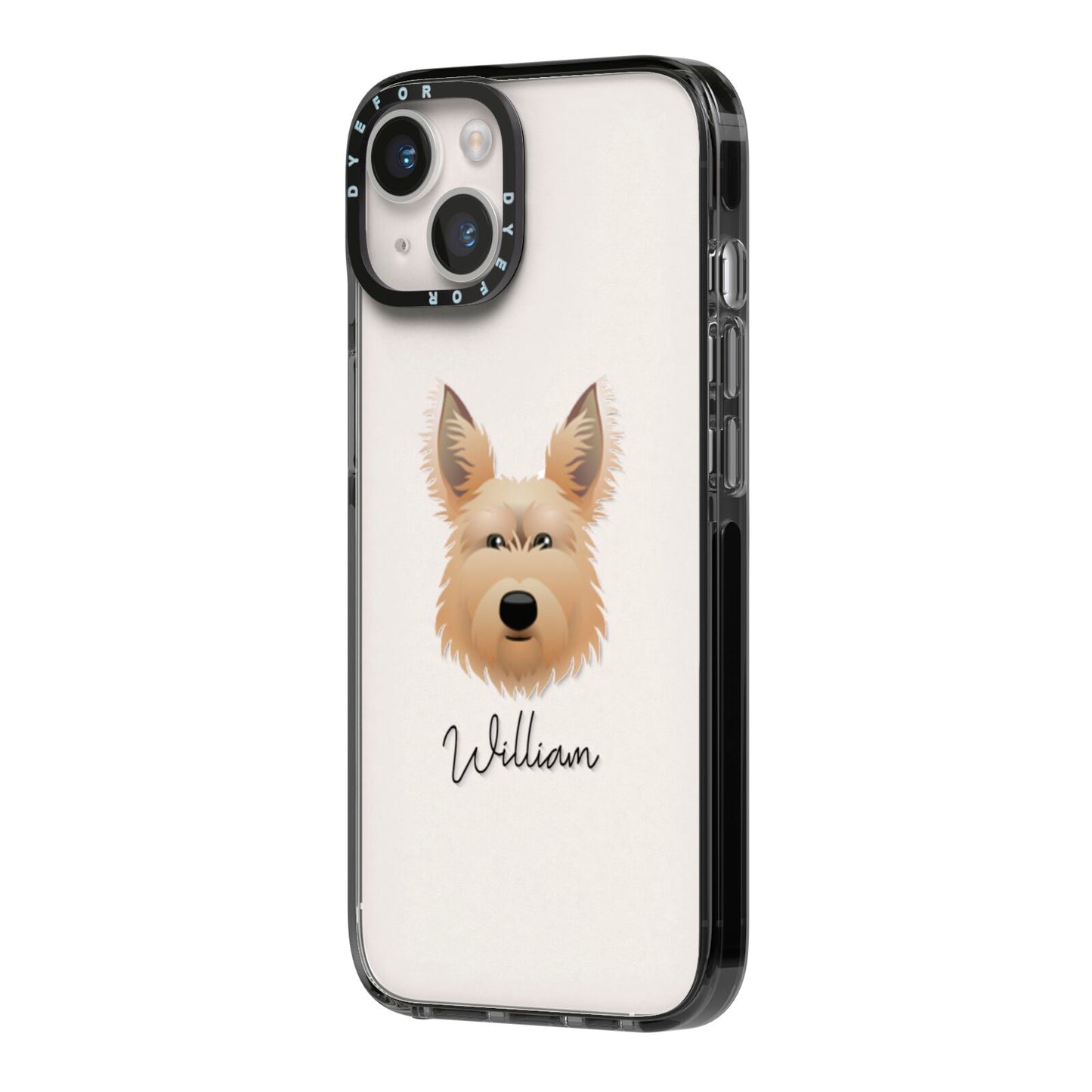 Picardy Sheepdog Personalised iPhone 14 Black Impact Case Side Angle on Silver phone