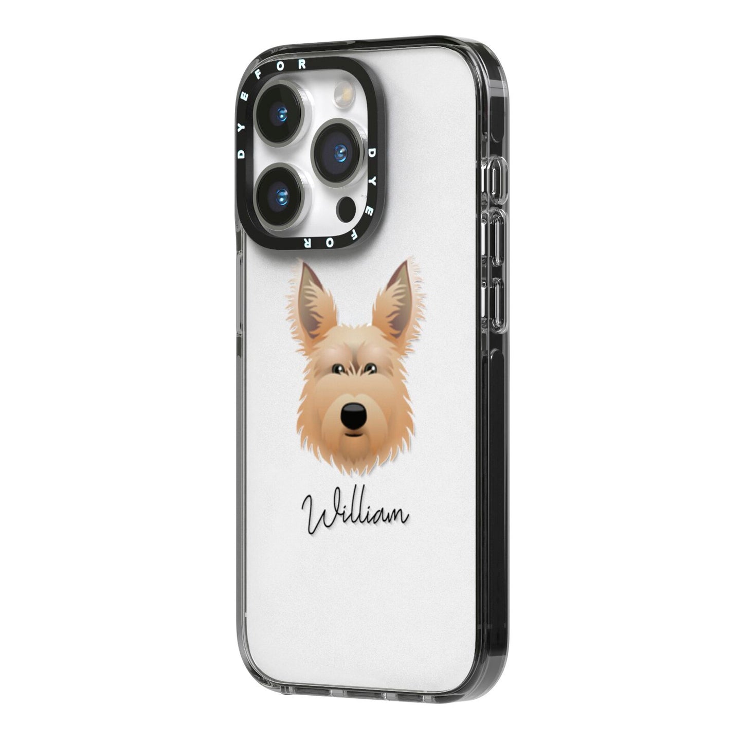 Picardy Sheepdog Personalised iPhone 14 Pro Black Impact Case Side Angle on Silver phone