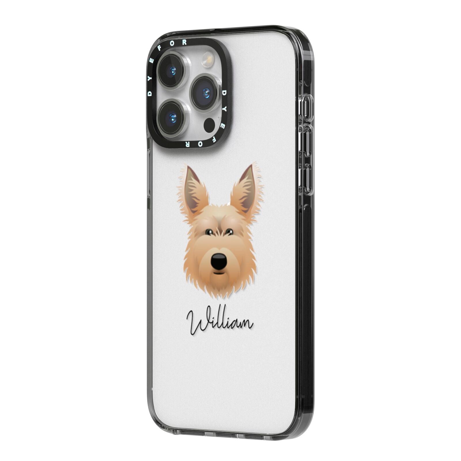 Picardy Sheepdog Personalised iPhone 14 Pro Max Black Impact Case Side Angle on Silver phone