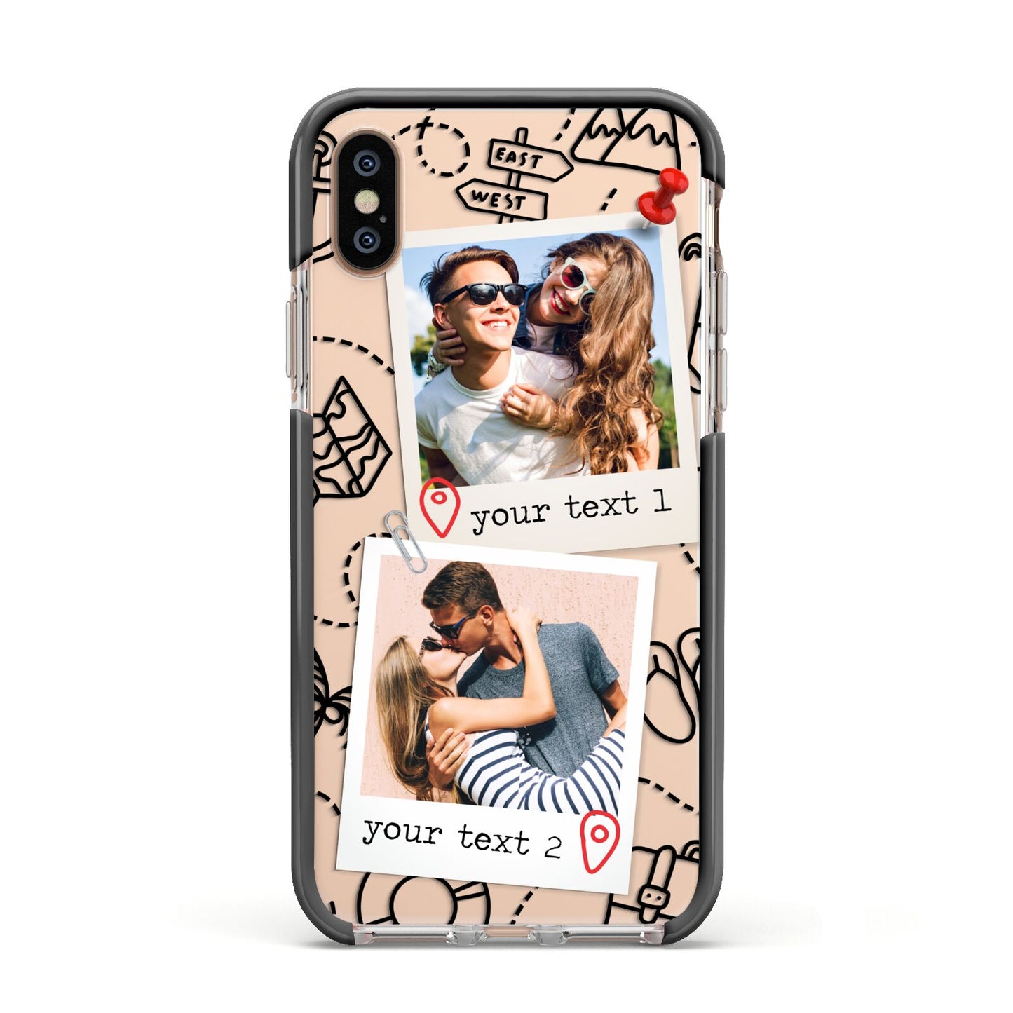 Pinboard Photo Montage Upload Apple iPhone Xs Impact Case Black Edge on Gold Phone