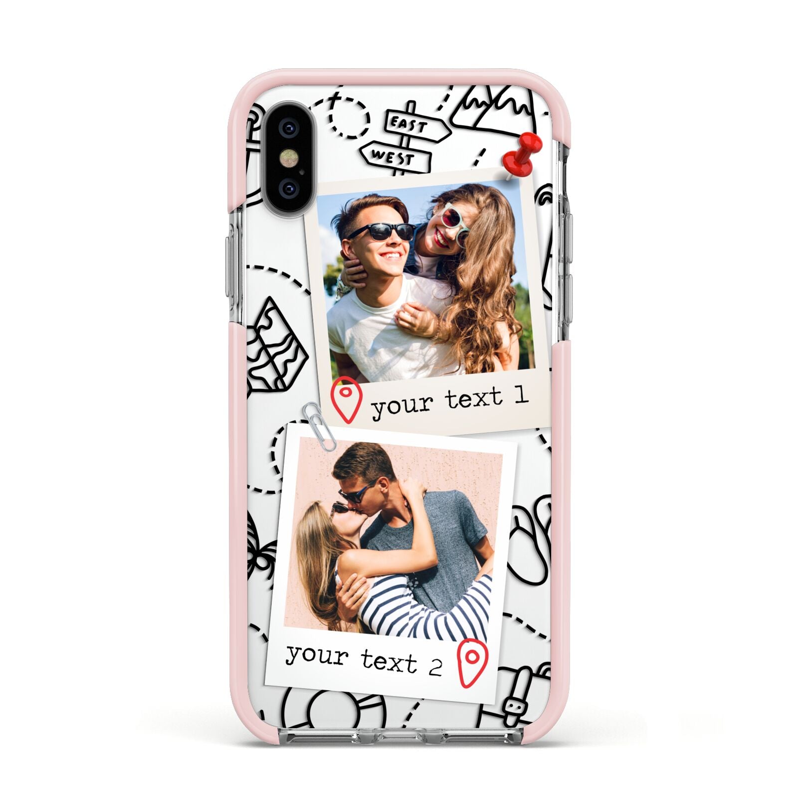 Pinboard Photo Montage Upload Apple iPhone Xs Impact Case Pink Edge on Silver Phone