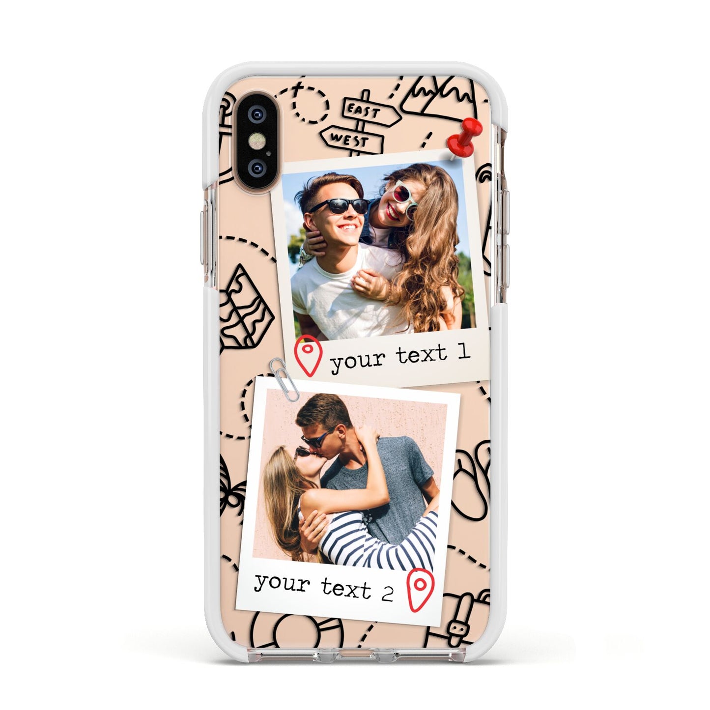 Pinboard Photo Montage Upload Apple iPhone Xs Impact Case White Edge on Gold Phone