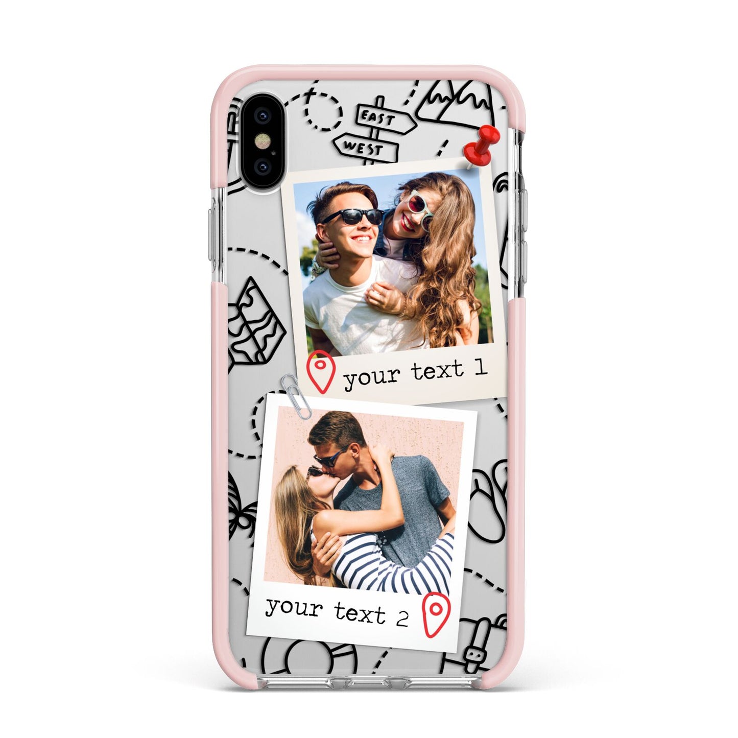 Pinboard Photo Montage Upload Apple iPhone Xs Max Impact Case Pink Edge on Silver Phone