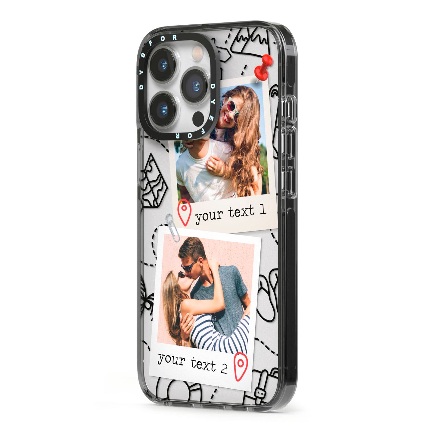 Pinboard Photo Montage Upload iPhone 13 Pro Black Impact Case Side Angle on Silver phone