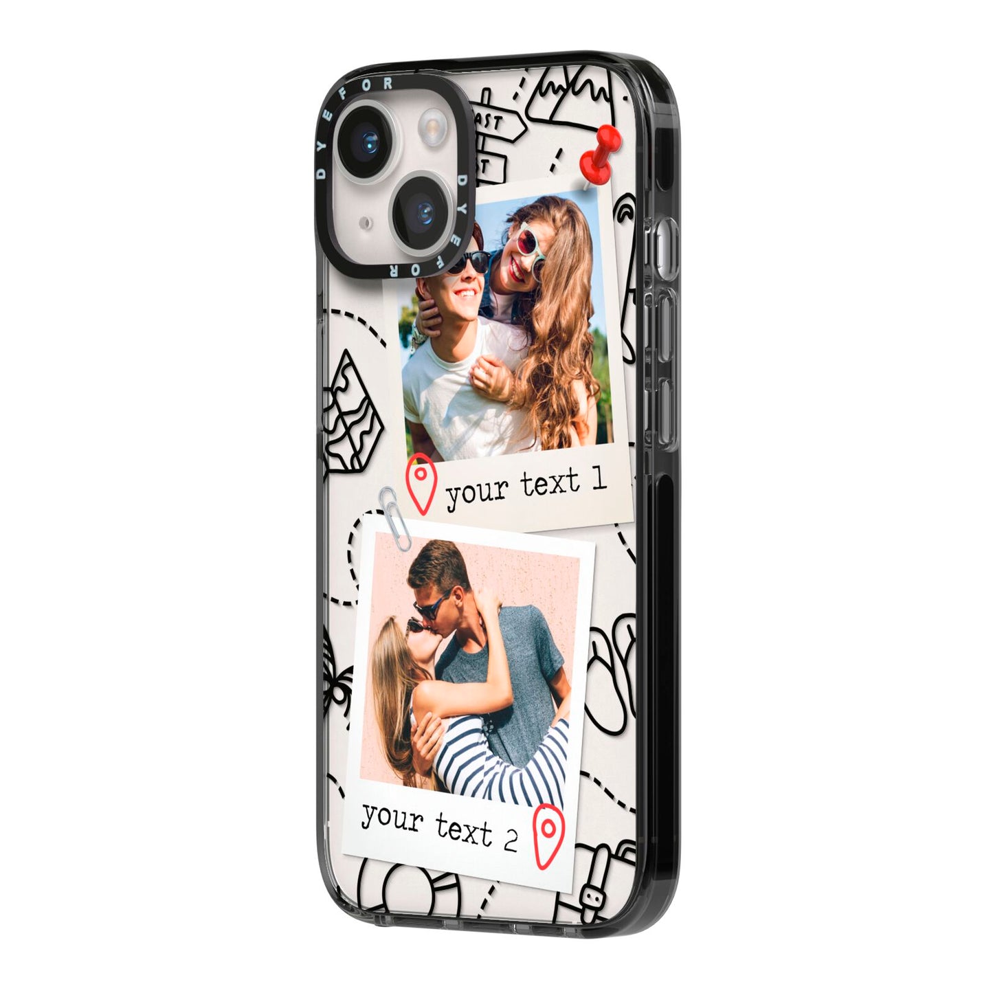 Pinboard Photo Montage Upload iPhone 14 Black Impact Case Side Angle on Silver phone