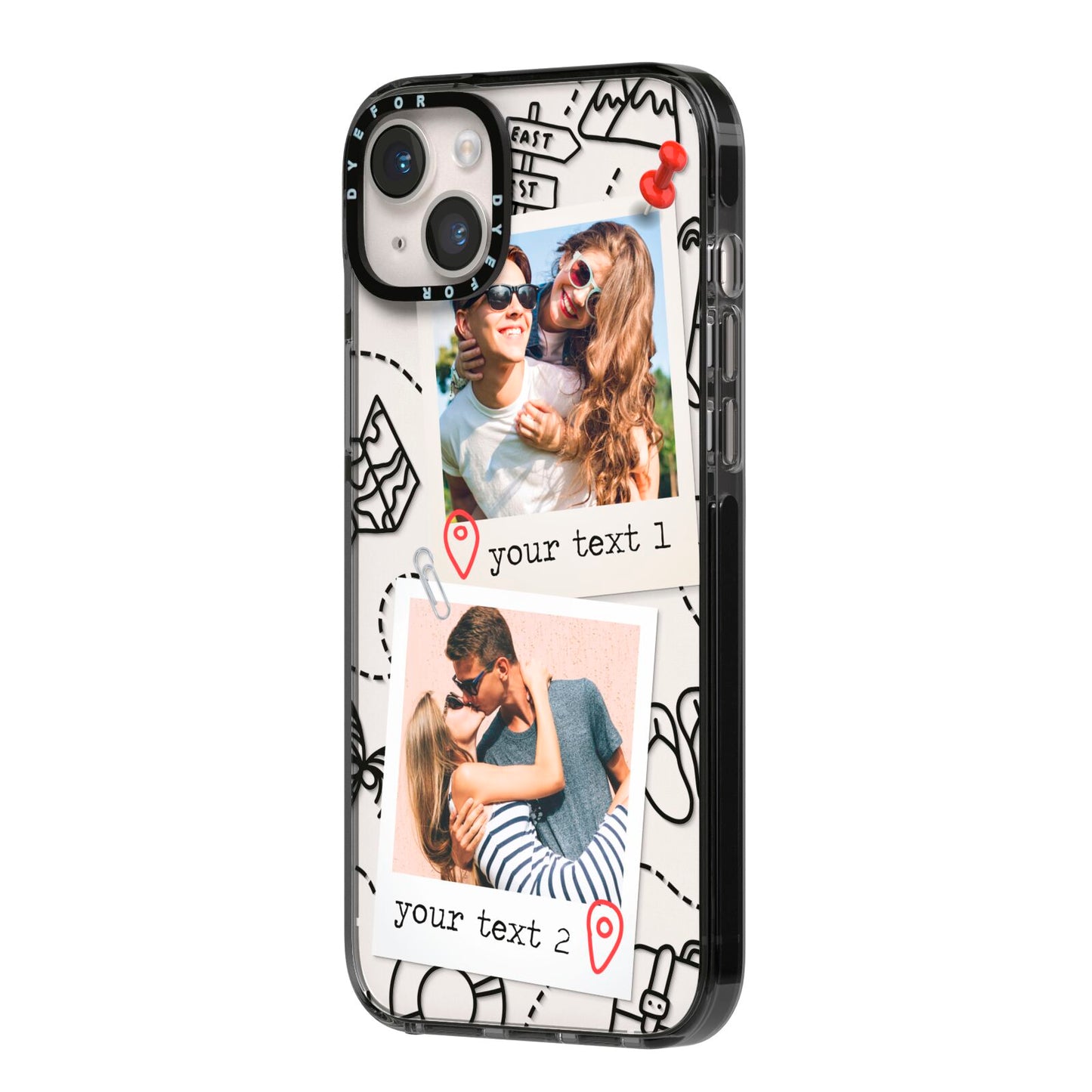 Pinboard Photo Montage Upload iPhone 14 Plus Black Impact Case Side Angle on Silver phone