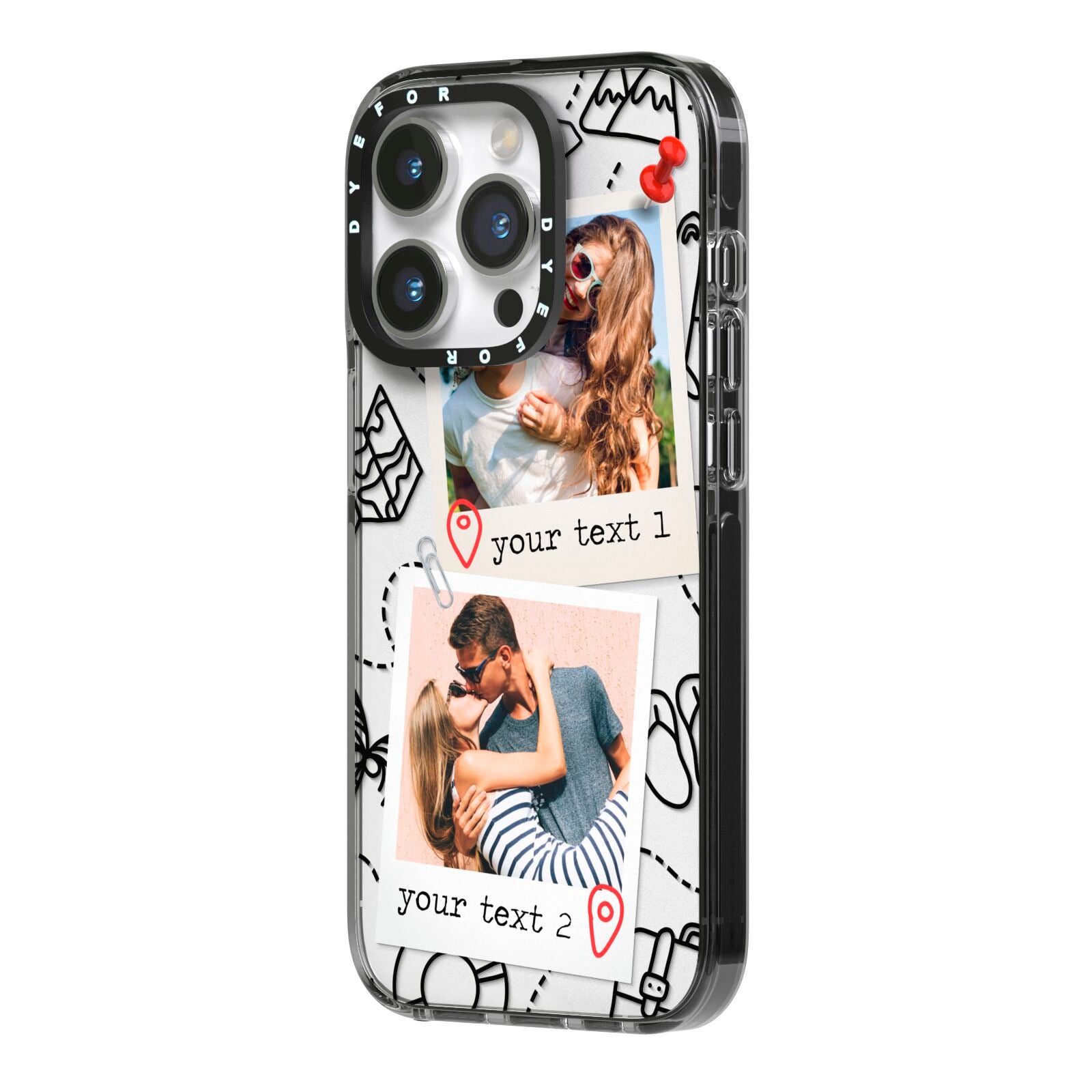 Pinboard Photo Montage Upload iPhone 14 Pro Black Impact Case Side Angle on Silver phone