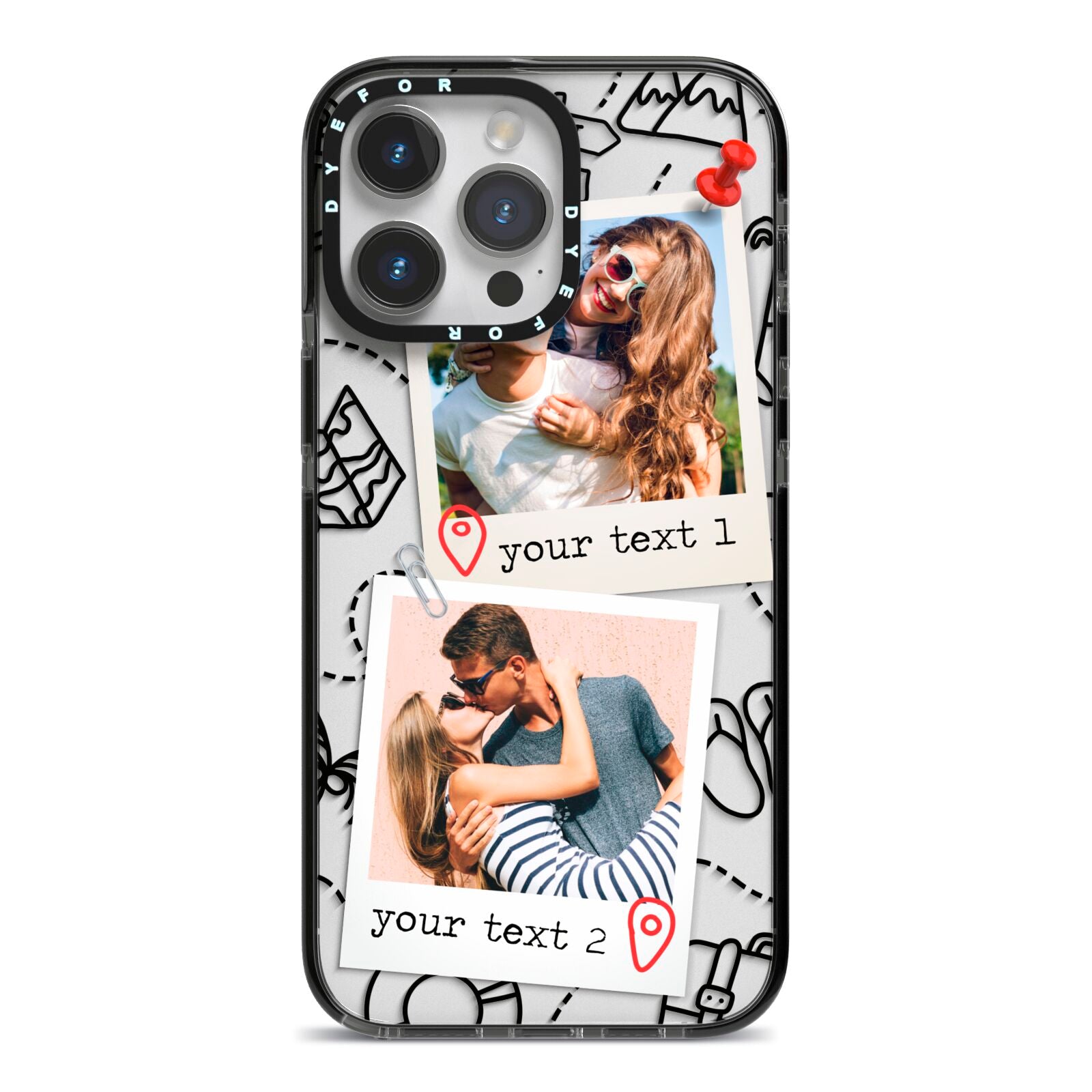 Pinboard Photo Montage Upload iPhone 14 Pro Max Black Impact Case on Silver phone