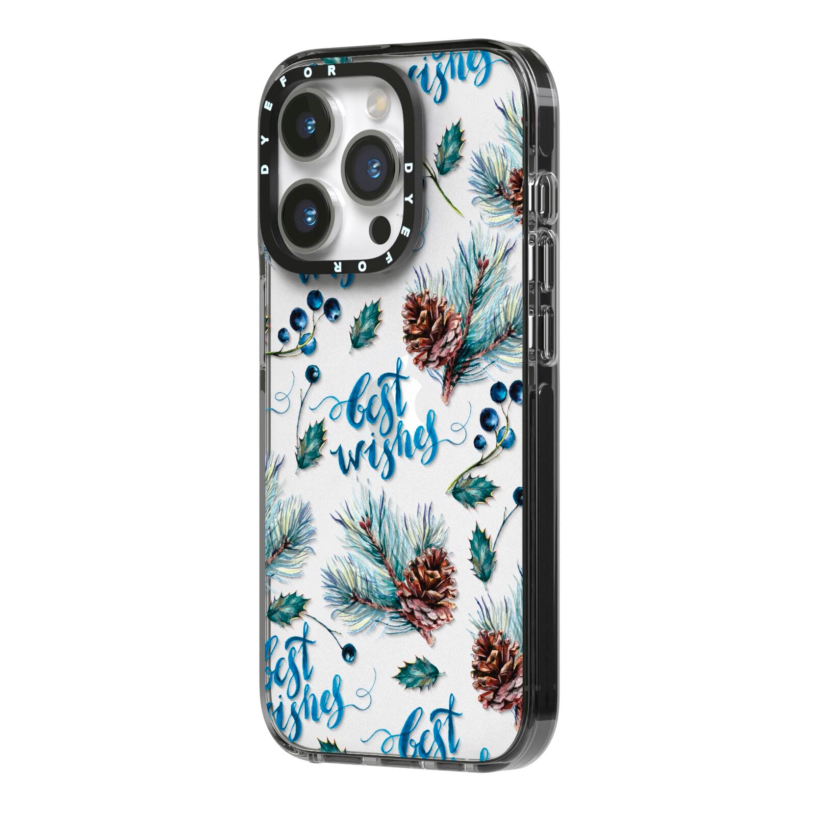 Pine cones wild berries iPhone 14 Pro Black Impact Case Side Angle on Silver phone