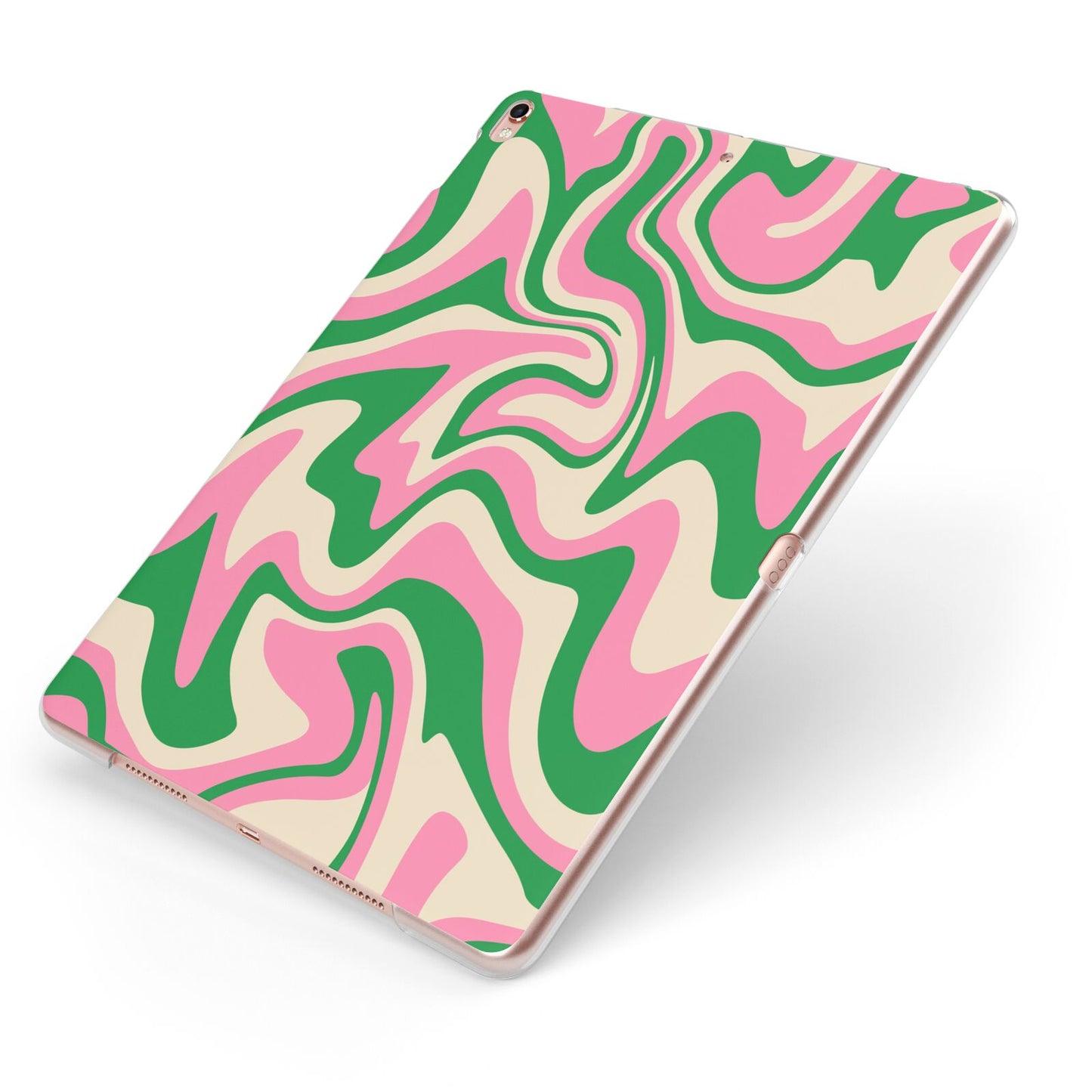 Pink And Green Swirl Apple iPad Case on Rose Gold iPad Side View