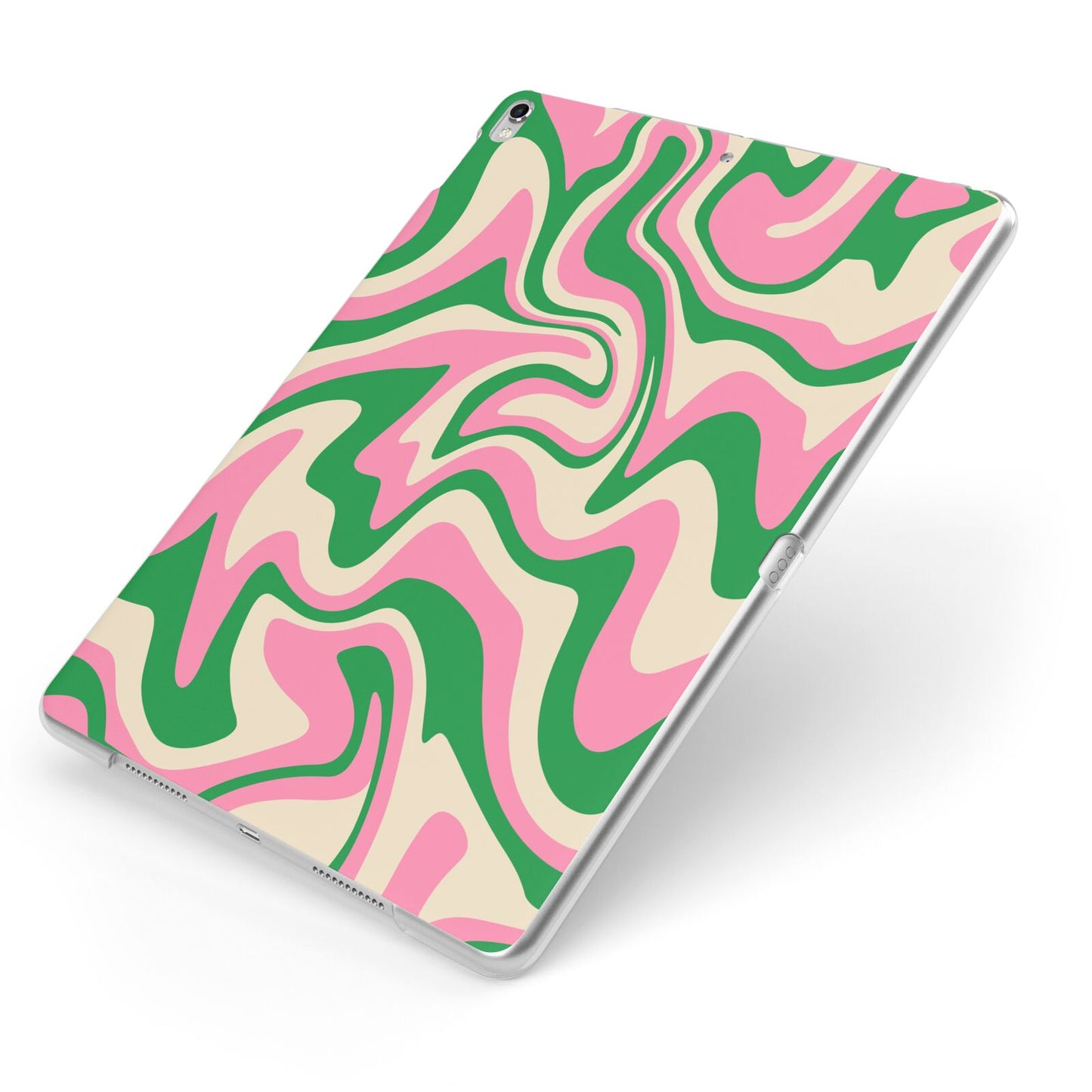 Pink And Green Swirl Apple iPad Case on Silver iPad Side View