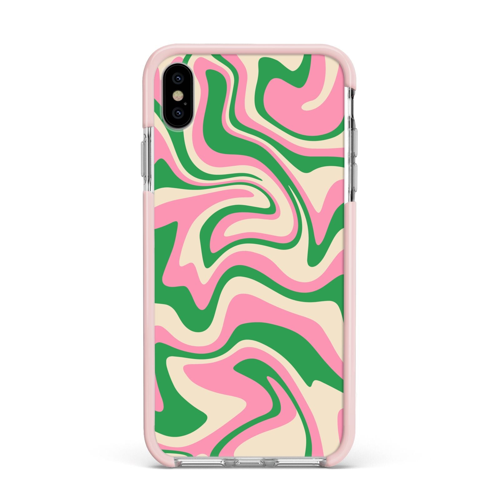 Pink And Green Swirl Apple iPhone Xs Max Impact Case Pink Edge on Silver Phone