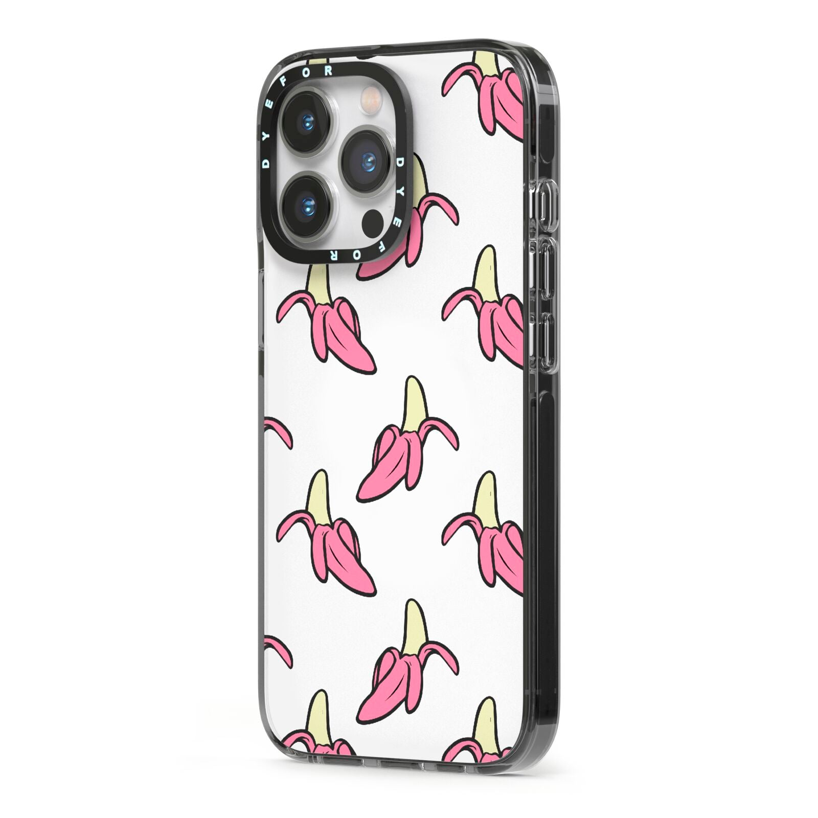 Pink Bannana Comic Art Fruit iPhone 13 Pro Black Impact Case Side Angle on Silver phone