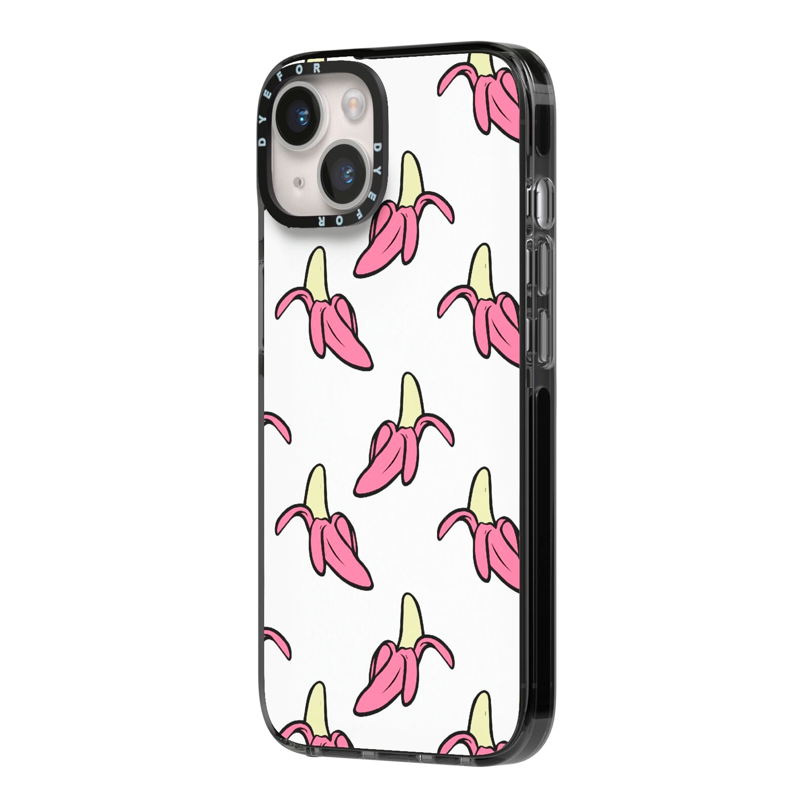 Pink Bannana Comic Art Fruit iPhone 14 Black Impact Case Side Angle on Silver phone