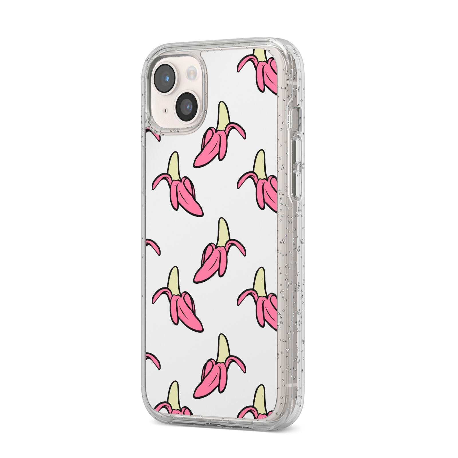 Pink Bannana Comic Art Fruit iPhone 14 Plus Glitter Tough Case Starlight Angled Image