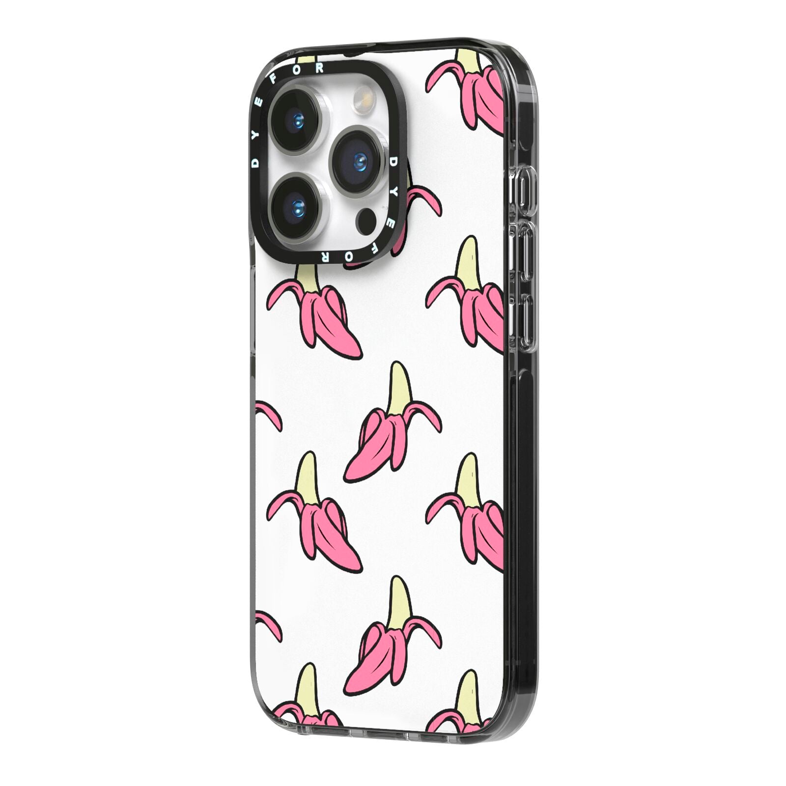 Pink Bannana Comic Art Fruit iPhone 14 Pro Black Impact Case Side Angle on Silver phone