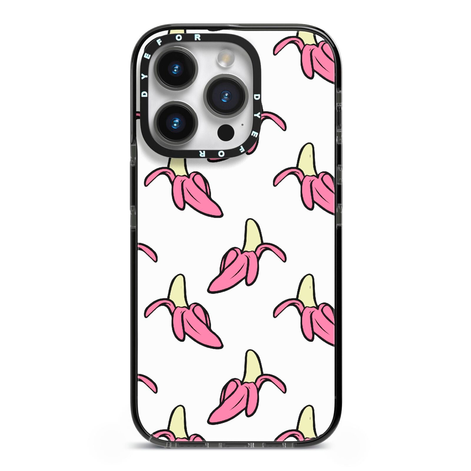 Pink Bannana Comic Art Fruit iPhone 14 Pro Black Impact Case on Silver phone