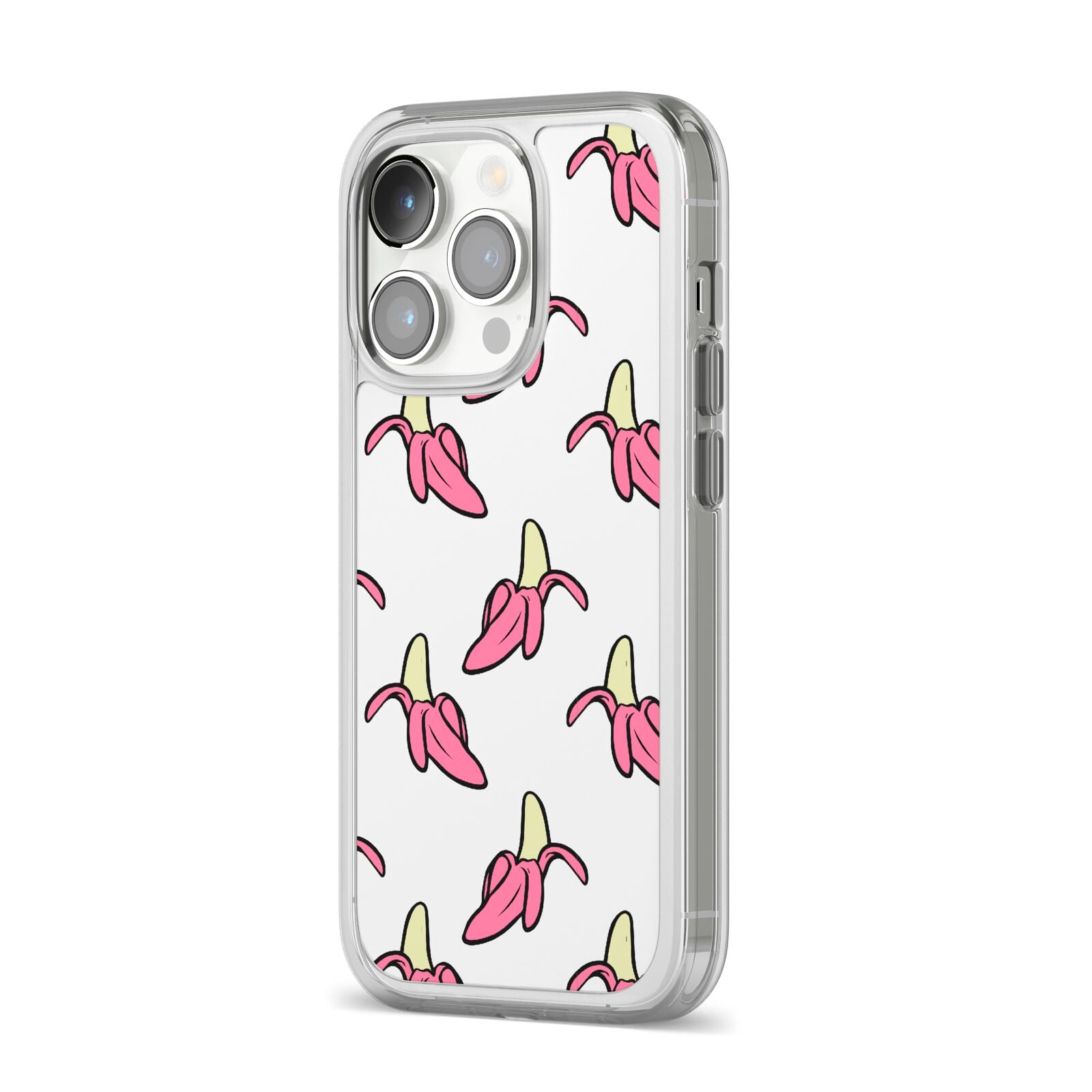 Pink Bannana Comic Art Fruit iPhone 14 Pro Clear Tough Case Silver Angled Image