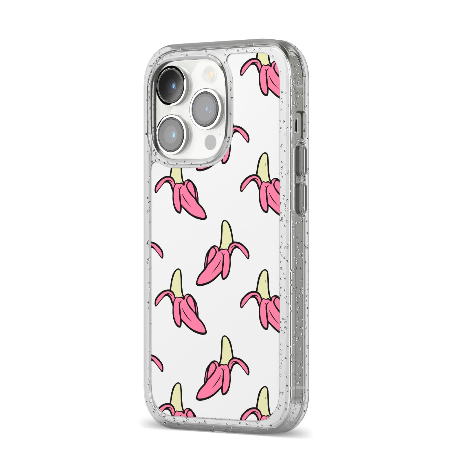 Pink Bannana Comic Art Fruit iPhone 14 Pro Glitter Tough Case Silver Angled Image