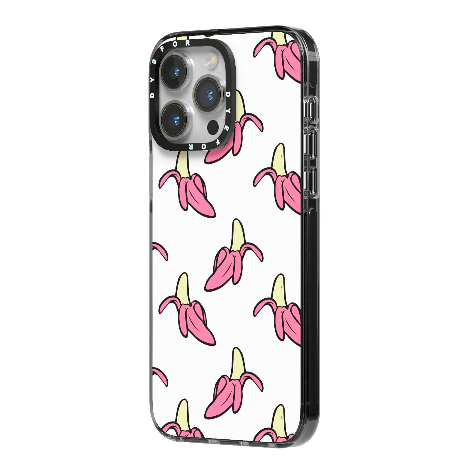 Pink Bannana Comic Art Fruit iPhone 14 Pro Max Black Impact Case Side Angle on Silver phone
