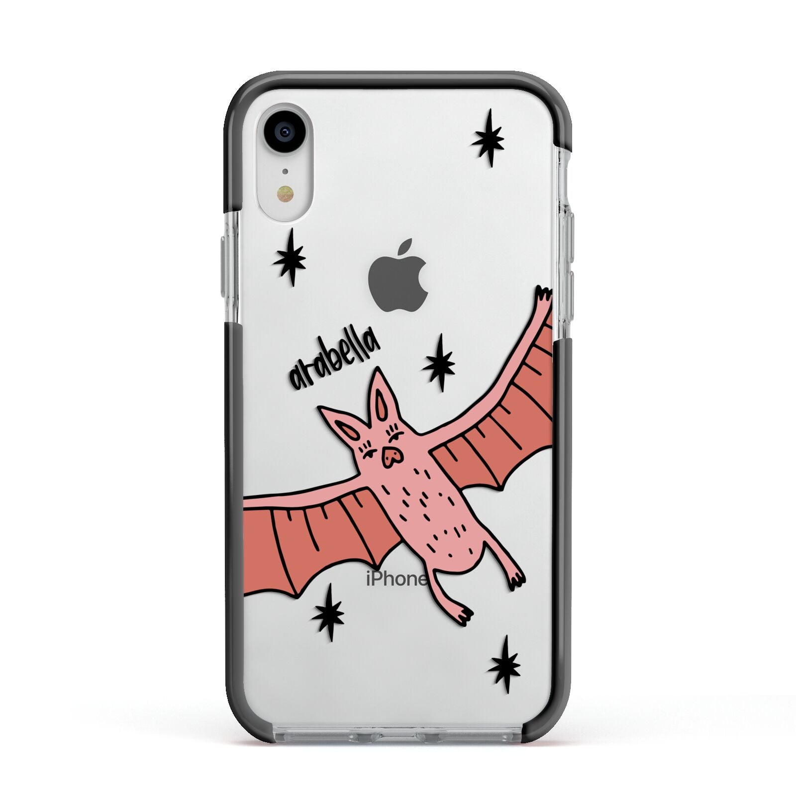 Pink Bat Personalised Halloween Apple iPhone XR Impact Case Black Edge on Silver Phone