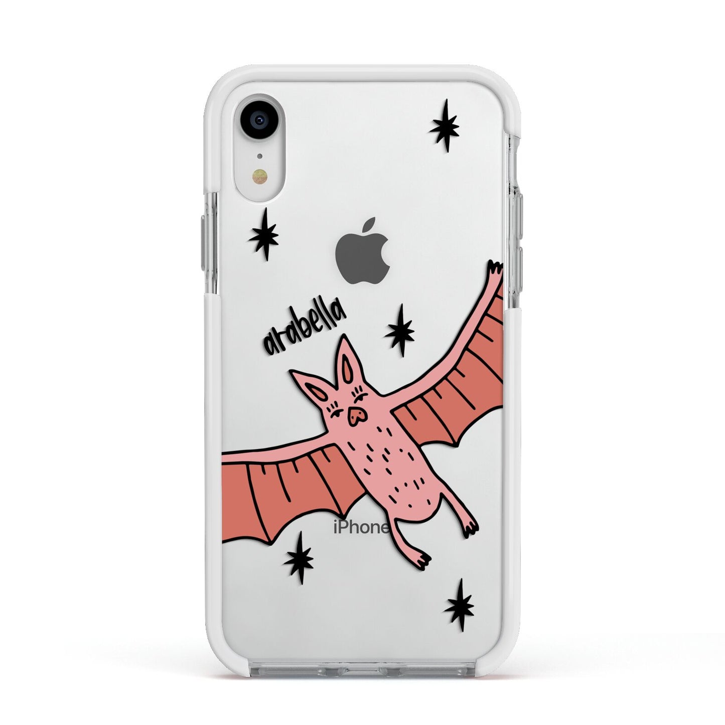 Pink Bat Personalised Halloween Apple iPhone XR Impact Case White Edge on Silver Phone