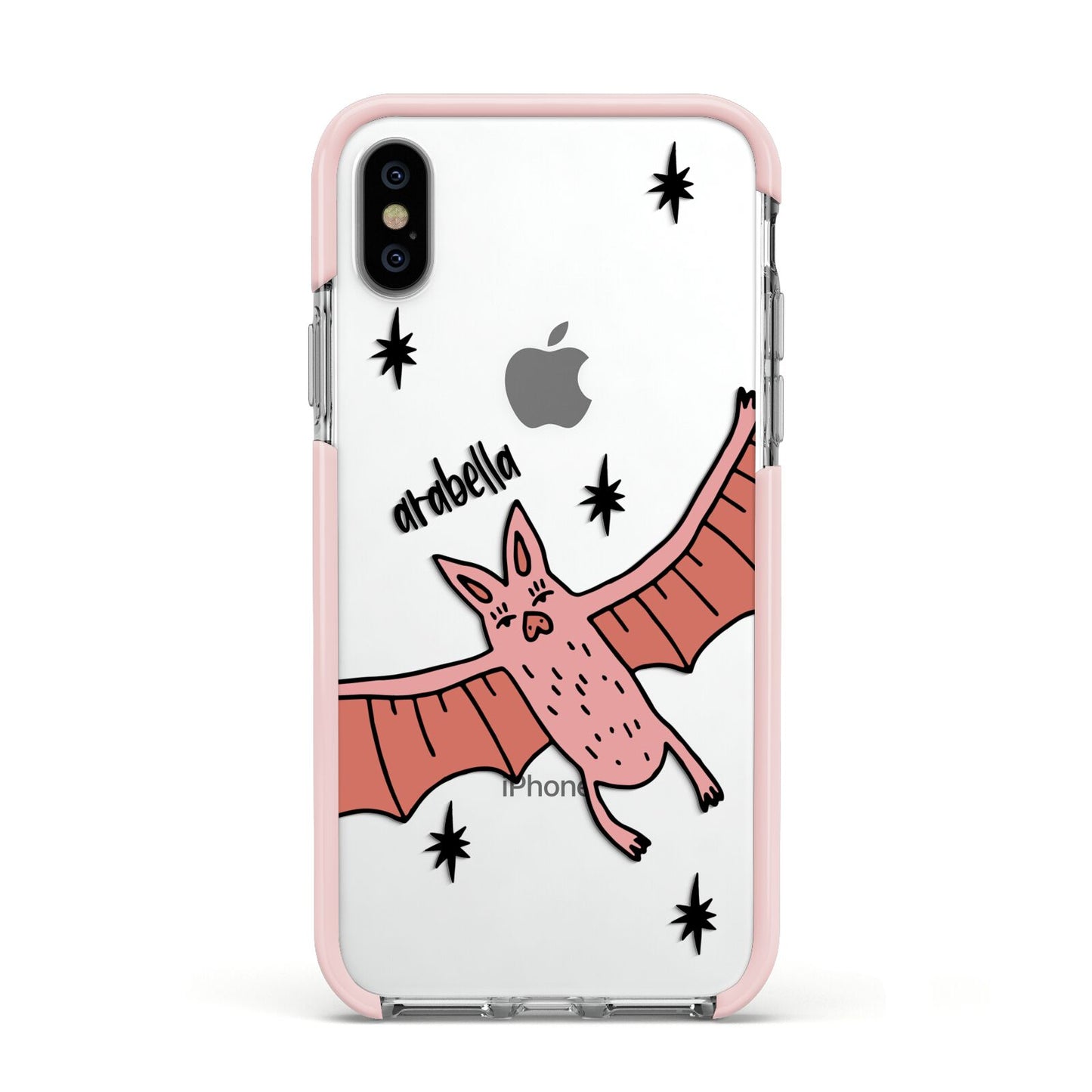 Pink Bat Personalised Halloween Apple iPhone Xs Impact Case Pink Edge on Silver Phone