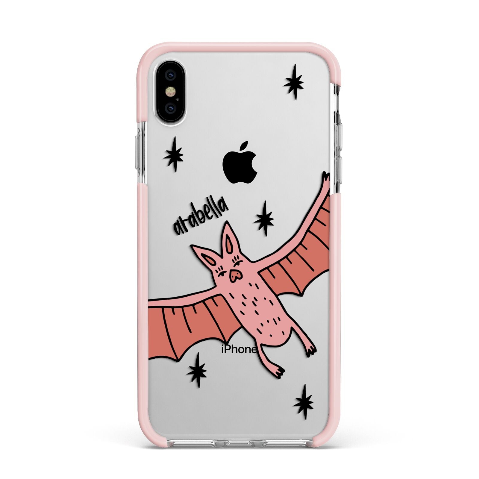 Pink Bat Personalised Halloween Apple iPhone Xs Max Impact Case Pink Edge on Silver Phone