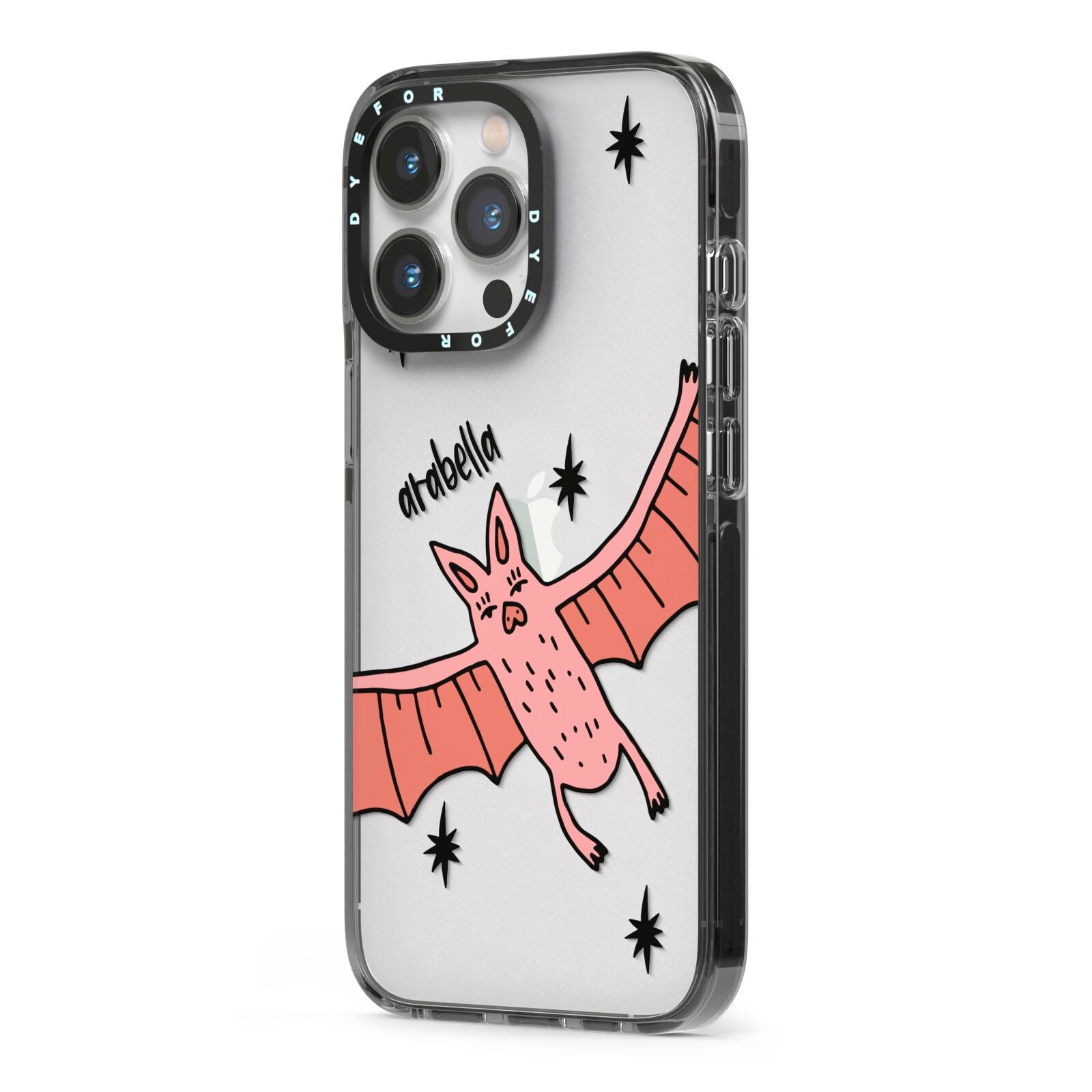 Pink Bat Personalised Halloween iPhone 13 Pro Black Impact Case Side Angle on Silver phone