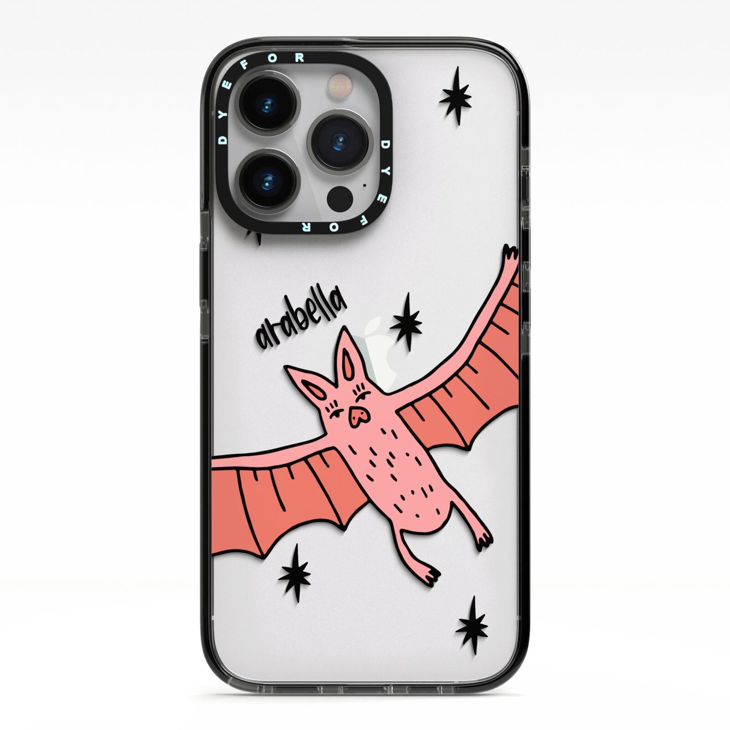 Pink Bat Personalised Halloween iPhone 13 Pro Black Impact Case on Silver phone