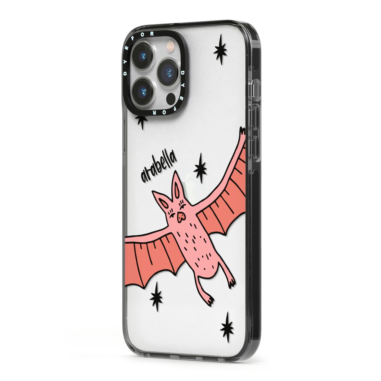 Pink Bat Personalised Halloween iPhone 13 Pro Max Black Impact Case Side Angle on Silver phone