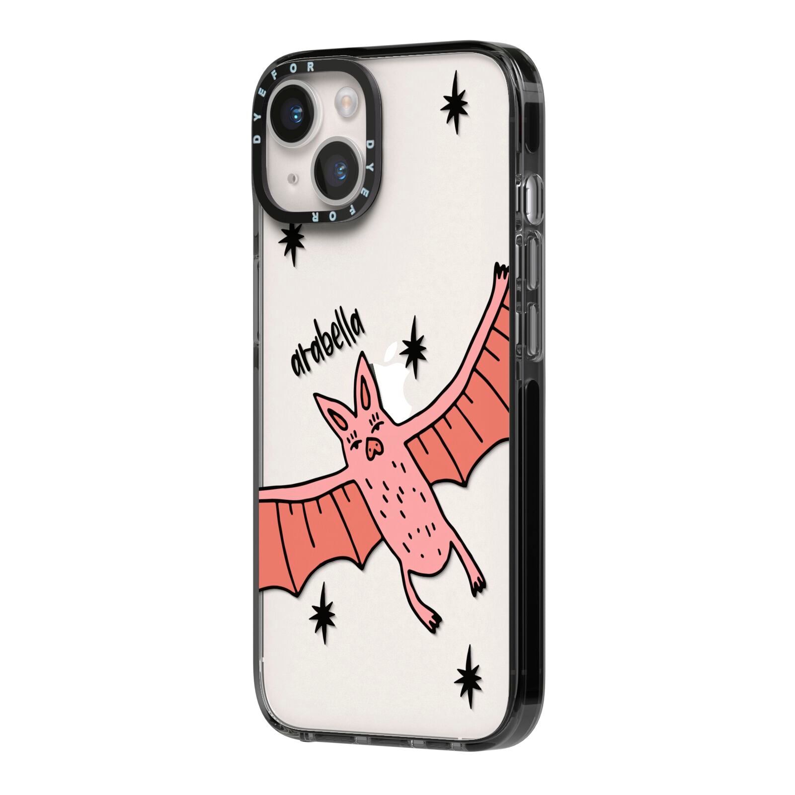 Pink Bat Personalised Halloween iPhone 14 Black Impact Case Side Angle on Silver phone