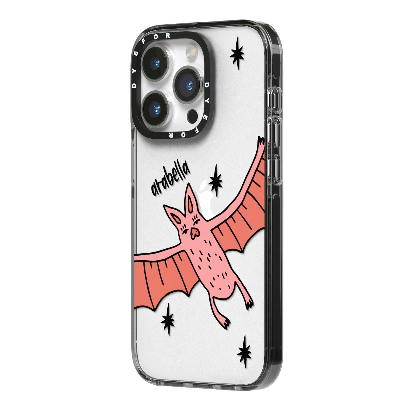 Pink Bat Personalised Halloween iPhone 14 Pro Black Impact Case Side Angle on Silver phone