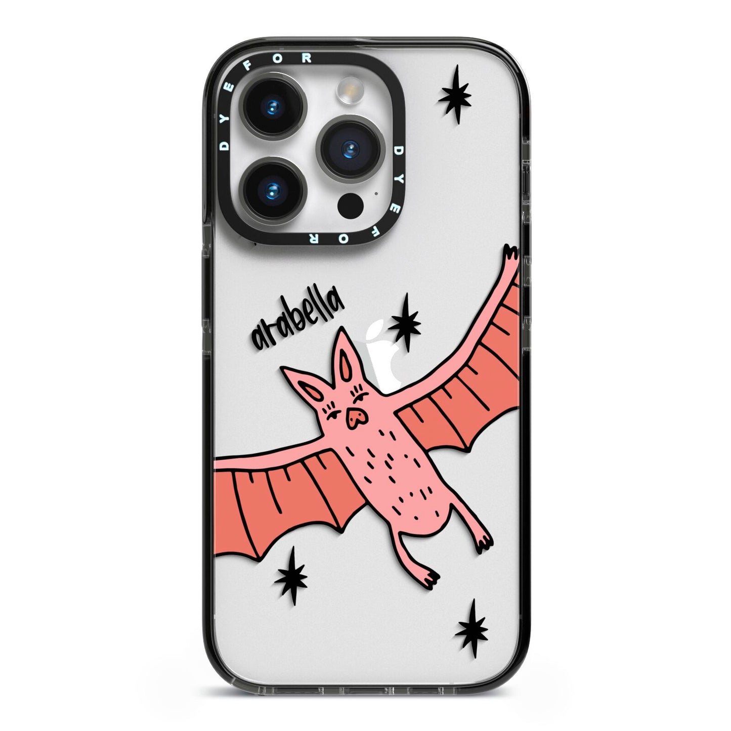 Pink Bat Personalised Halloween iPhone 14 Pro Black Impact Case on Silver phone