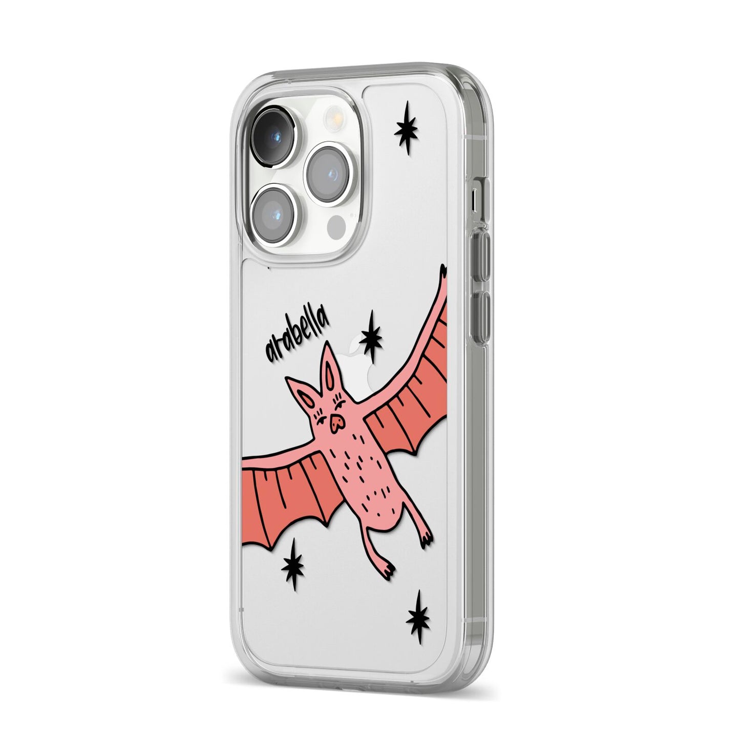 Pink Bat Personalised Halloween iPhone 14 Pro Clear Tough Case Silver Angled Image