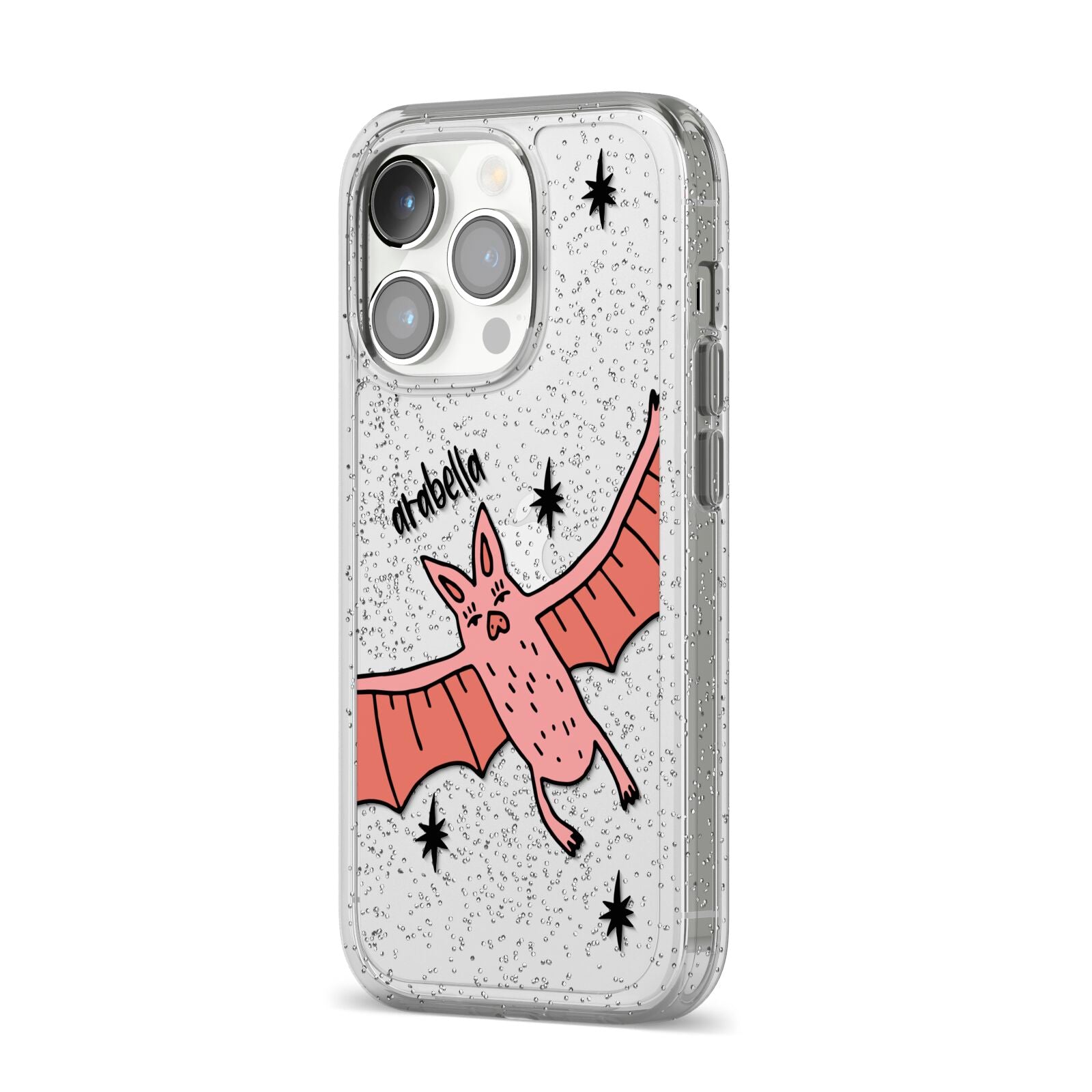 Pink Bat Personalised Halloween iPhone 14 Pro Glitter Tough Case Silver Angled Image
