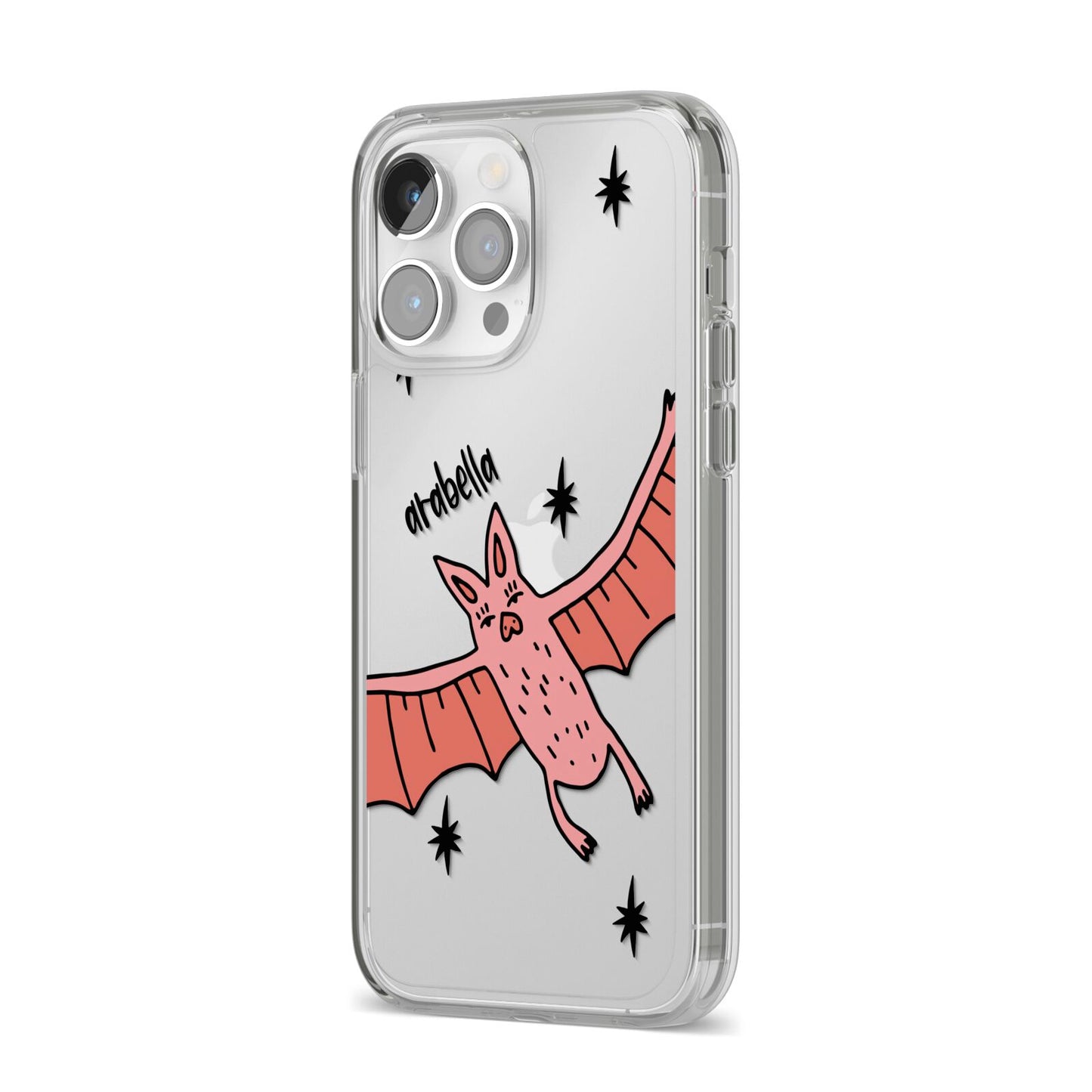 Pink Bat Personalised Halloween iPhone 14 Pro Max Clear Tough Case Silver Angled Image