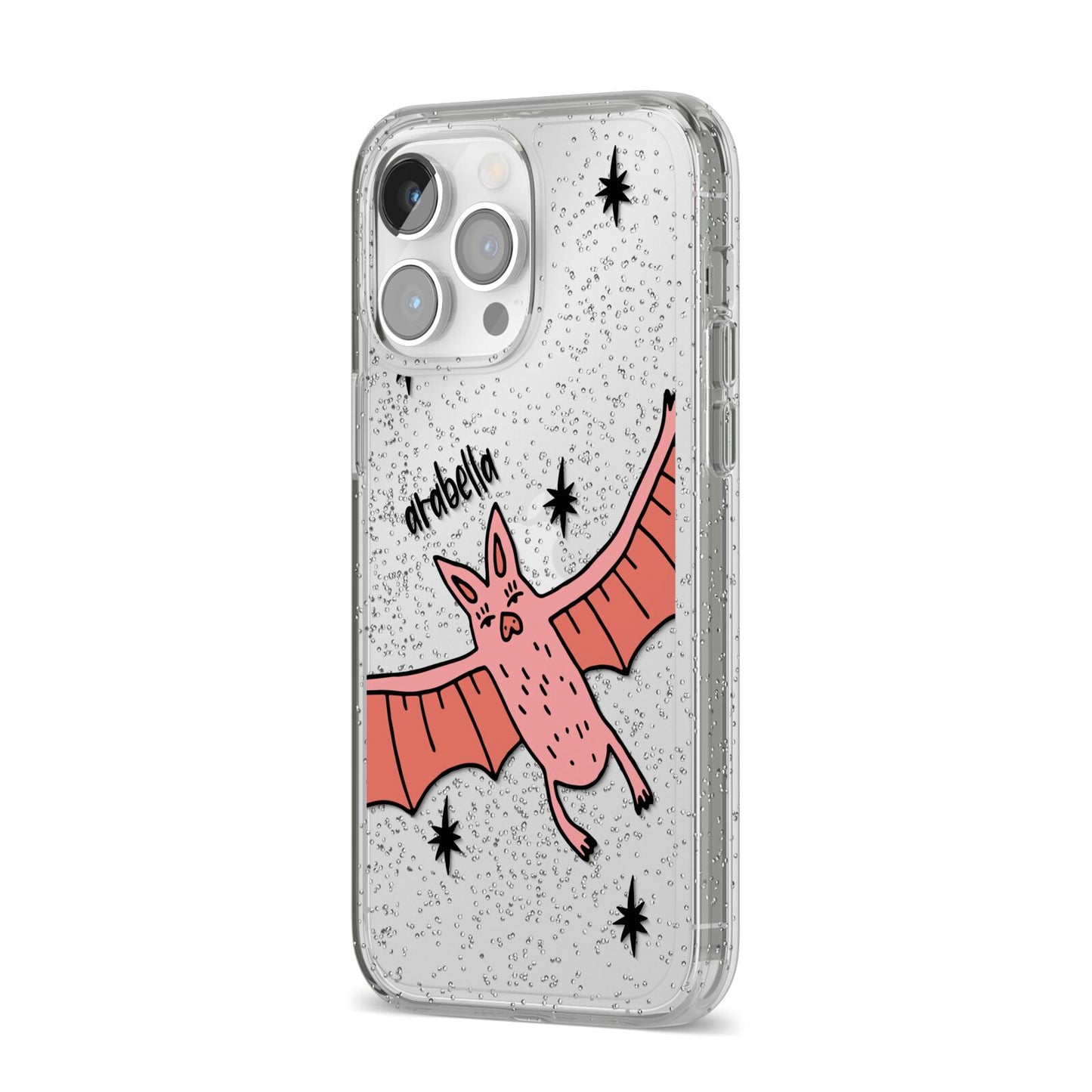 Pink Bat Personalised Halloween iPhone 14 Pro Max Glitter Tough Case Silver Angled Image