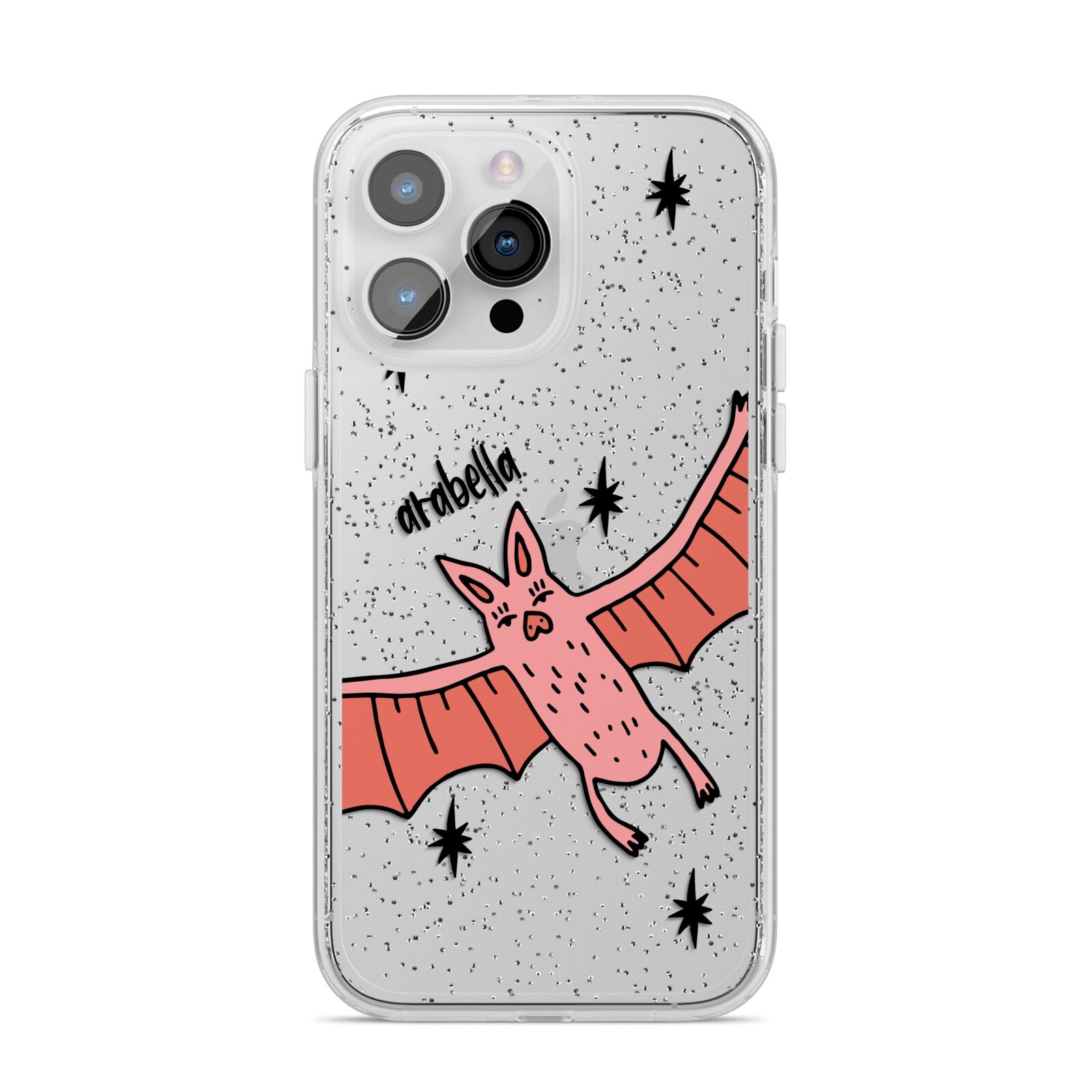 Pink Bat Personalised Halloween iPhone 14 Pro Max Glitter Tough Case Silver