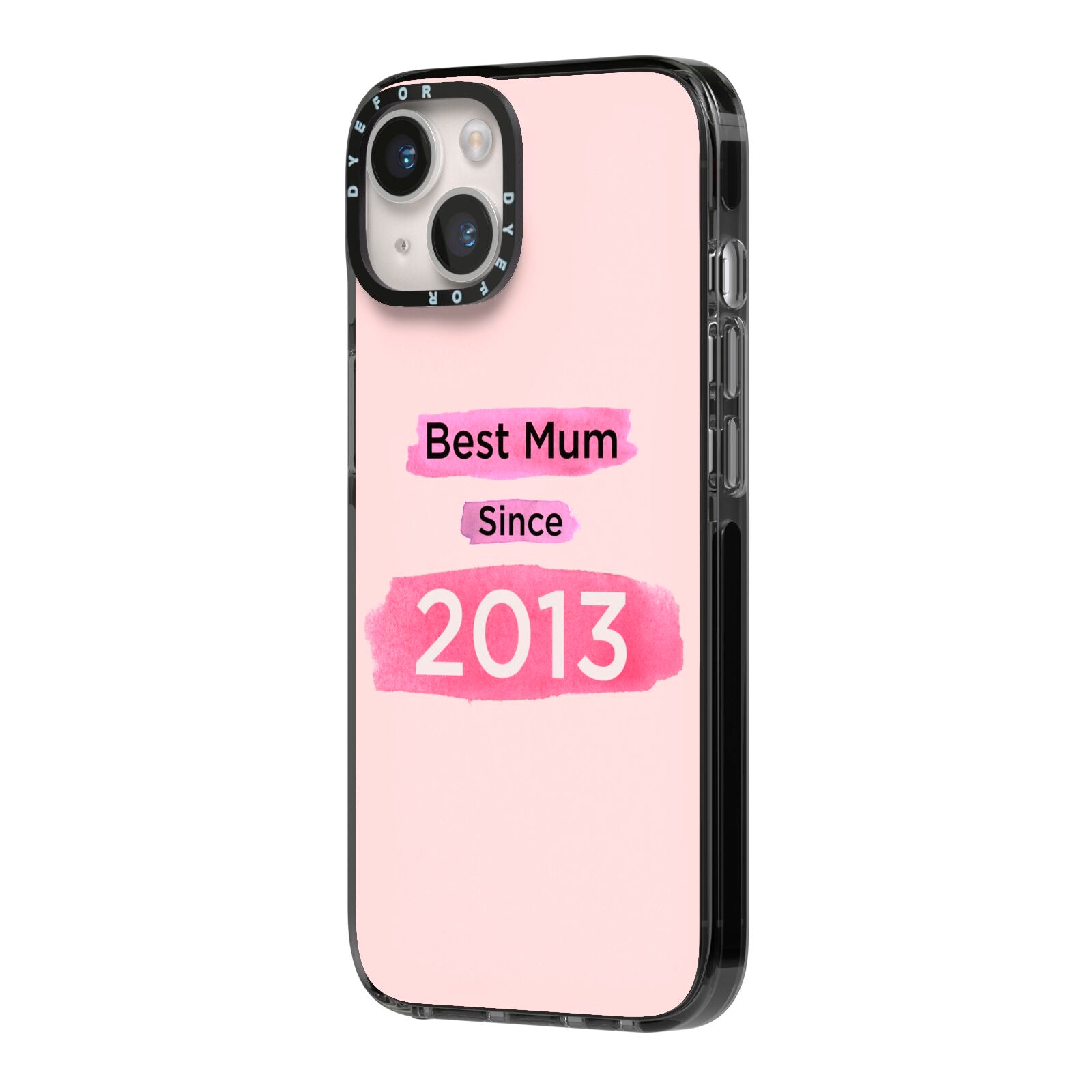 Pink Best Mum iPhone 14 Black Impact Case Side Angle on Silver phone