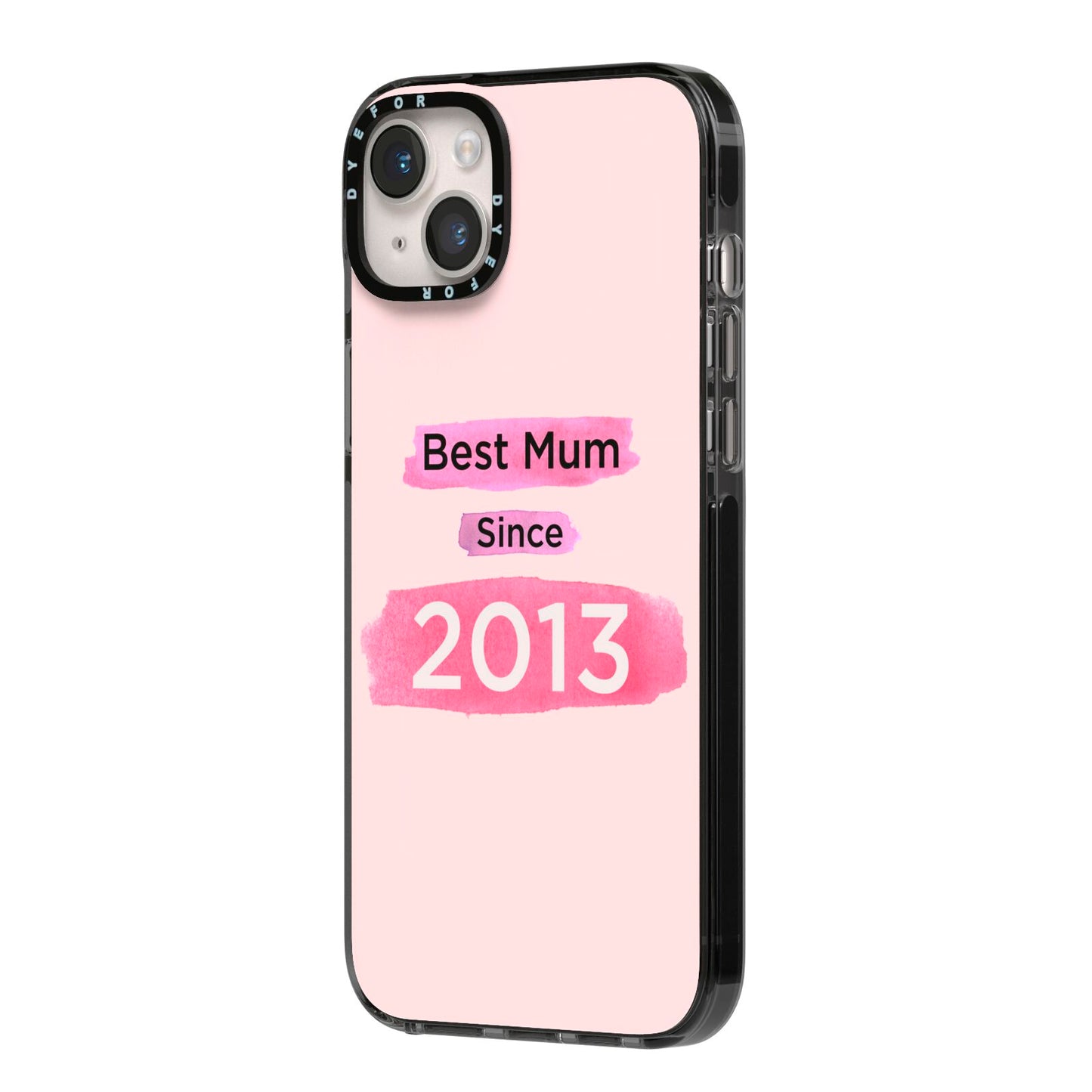 Pink Best Mum iPhone 14 Plus Black Impact Case Side Angle on Silver phone