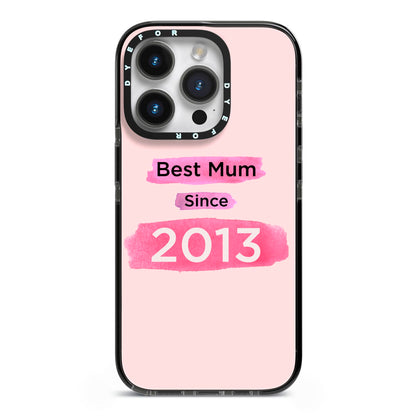 Pink Best Mum iPhone 14 Pro Black Impact Case on Silver phone