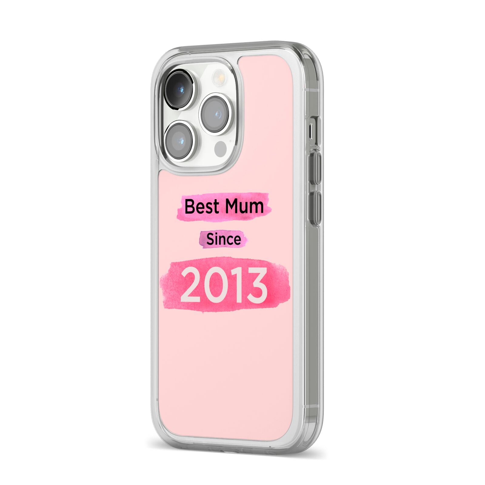Pink Best Mum iPhone 14 Pro Clear Tough Case Silver Angled Image