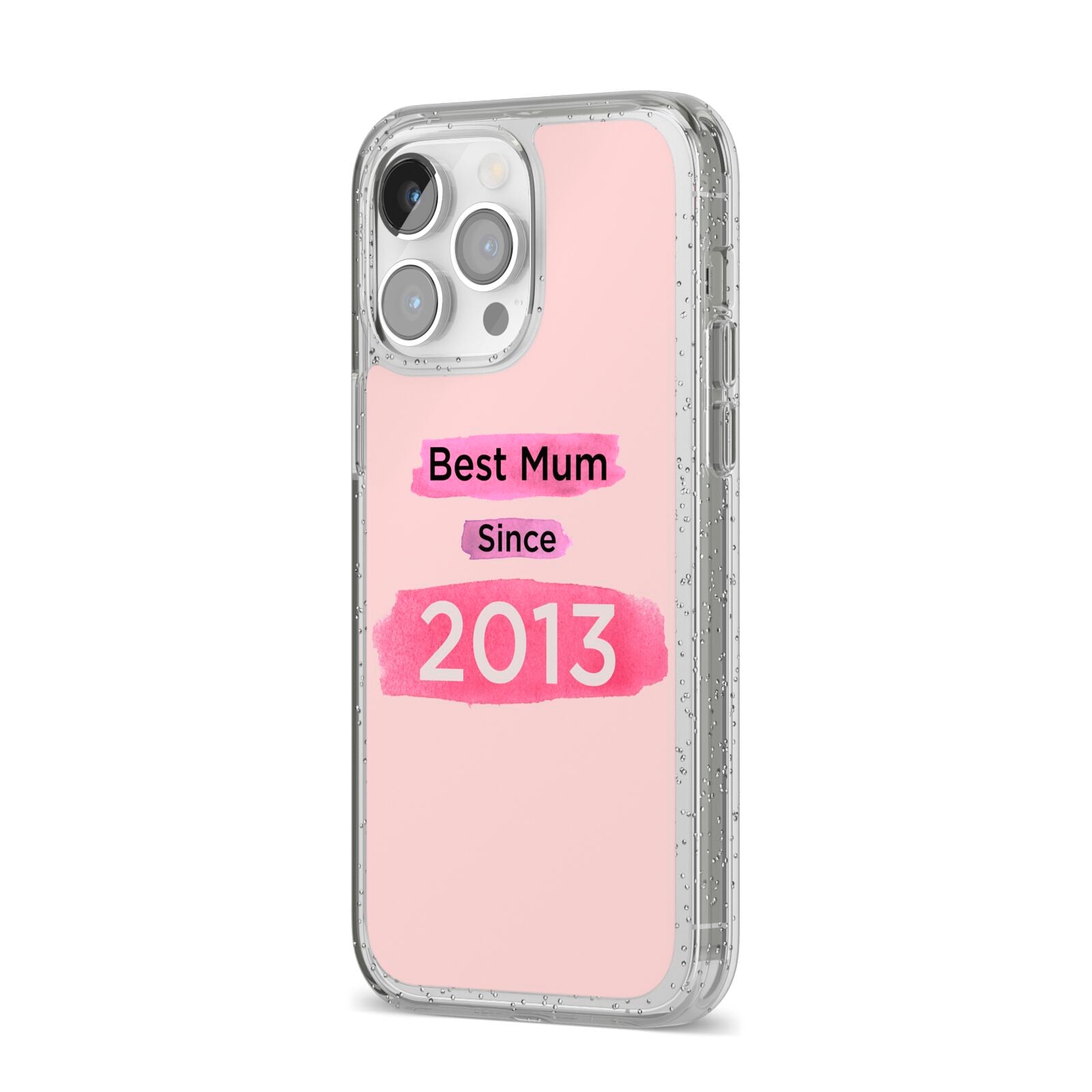 Pink Best Mum iPhone 14 Pro Max Glitter Tough Case Silver Angled Image