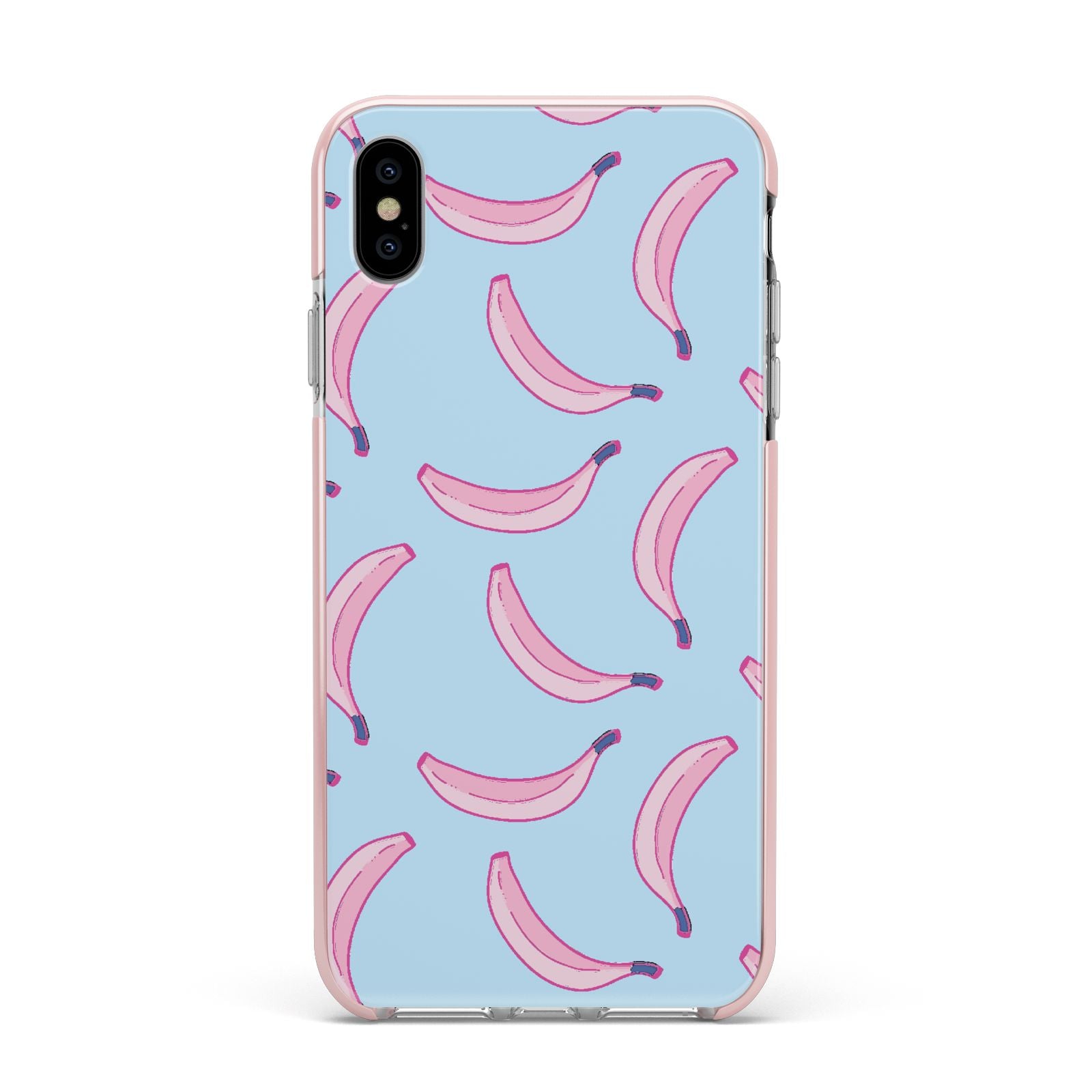 Pink Blue Bannana Fruit Apple iPhone Xs Max Impact Case Pink Edge on Silver Phone